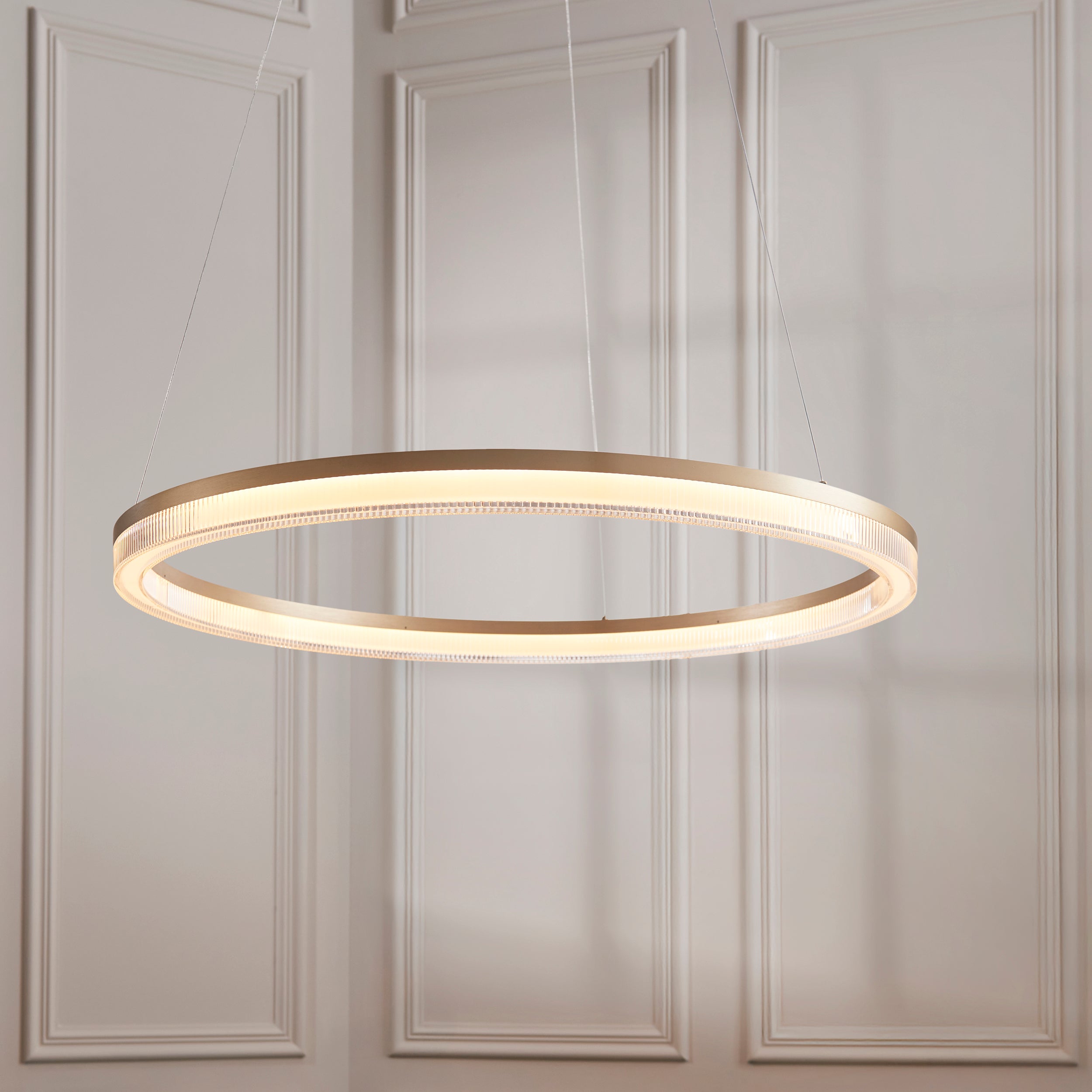 Utopia Orbit Led Hoop Pendant - Brushed Gold Plate & Opal Ribbed Acrylic