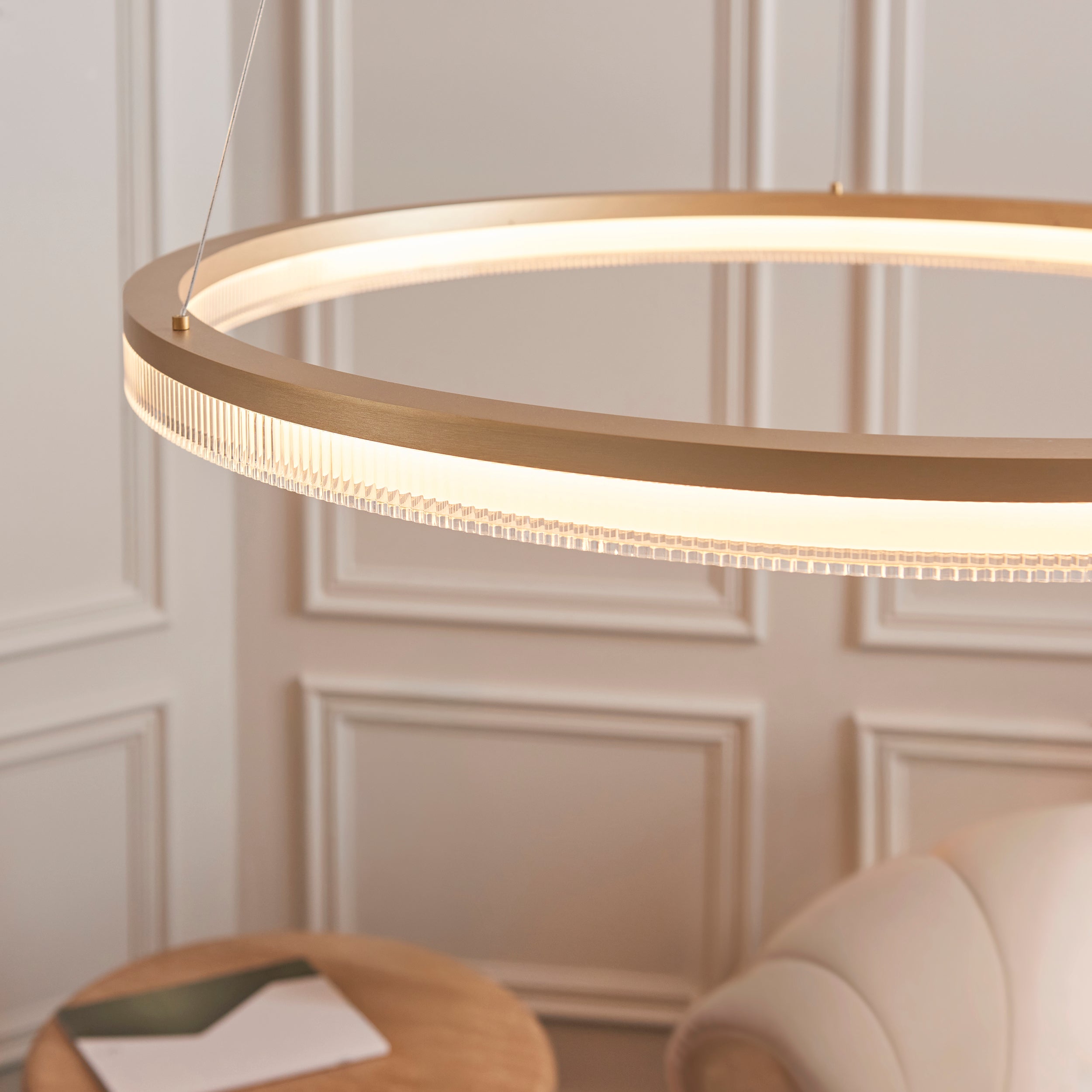 Utopia Orbit Led Hoop Pendant - Brushed Gold Plate & Opal Ribbed Acrylic