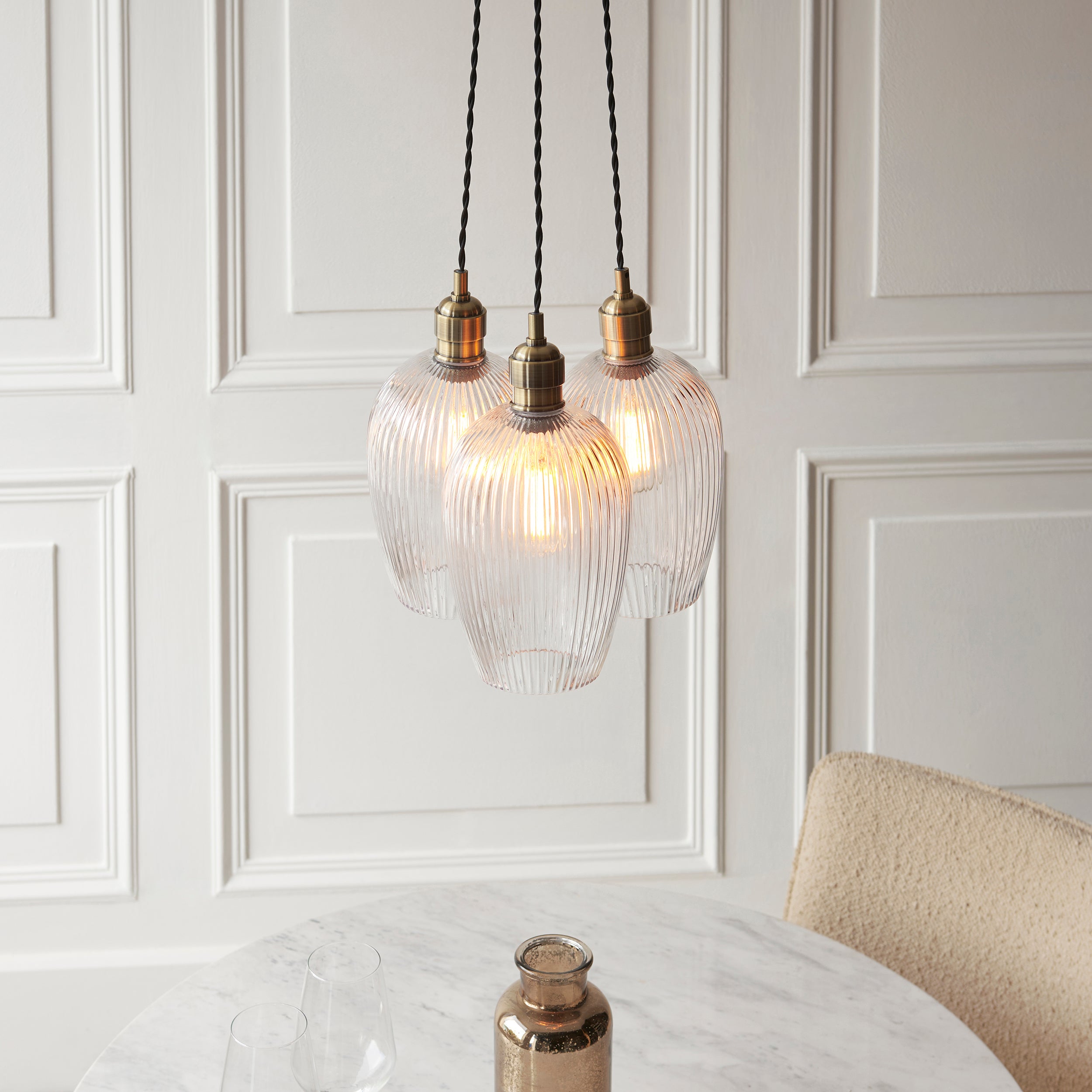 Utopia Finesse 3 Light Cluster Ceiling Pendant - Antique Brass & Clear Ribbed Glass