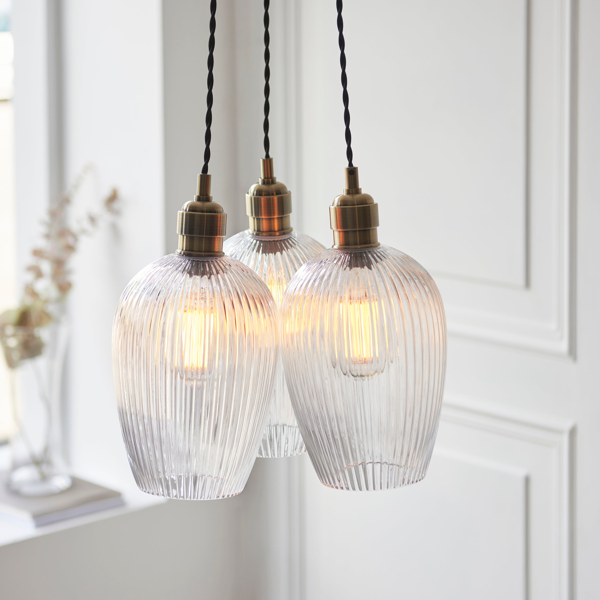 Utopia Finesse 3 Light Cluster Ceiling Pendant - Antique Brass & Clear Ribbed Glass