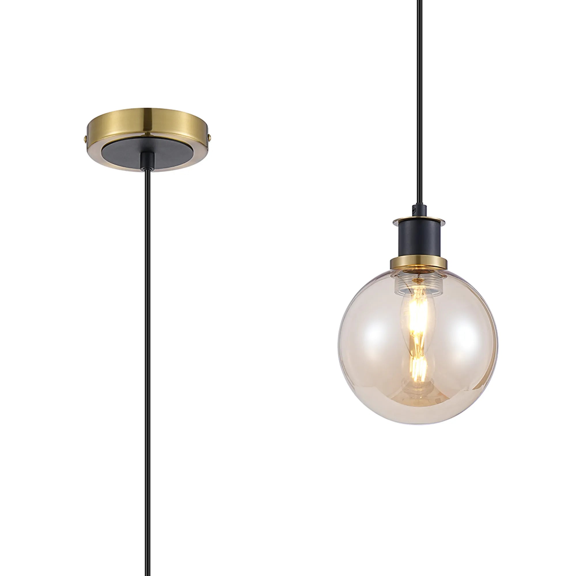 Sycamore Pendant with 15cm Round Glass Shade - Brass, Amber Plated & Satin Black