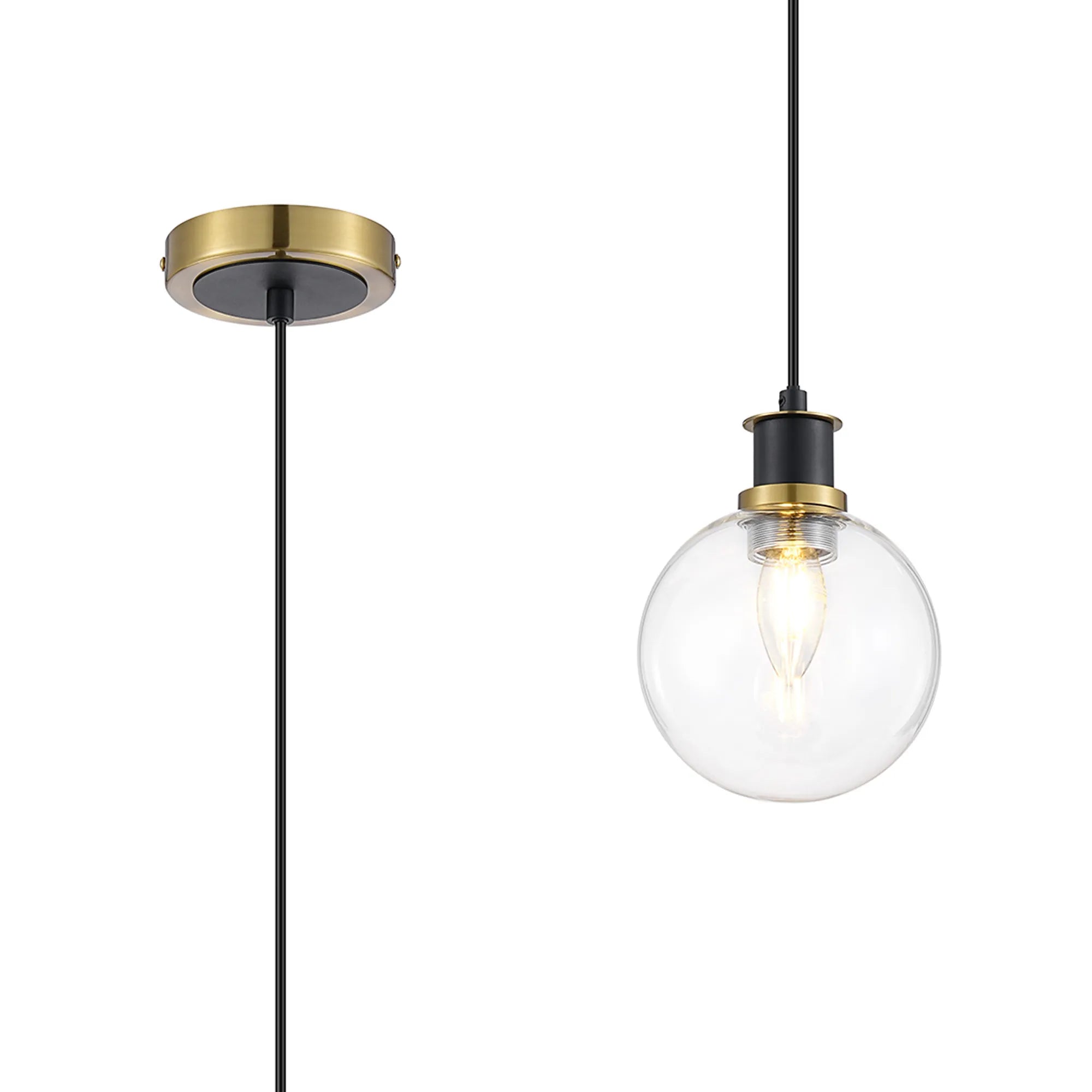 Sycamore Pendant with 15cm Round Glass Shade - Brass, Clear & Satin Black