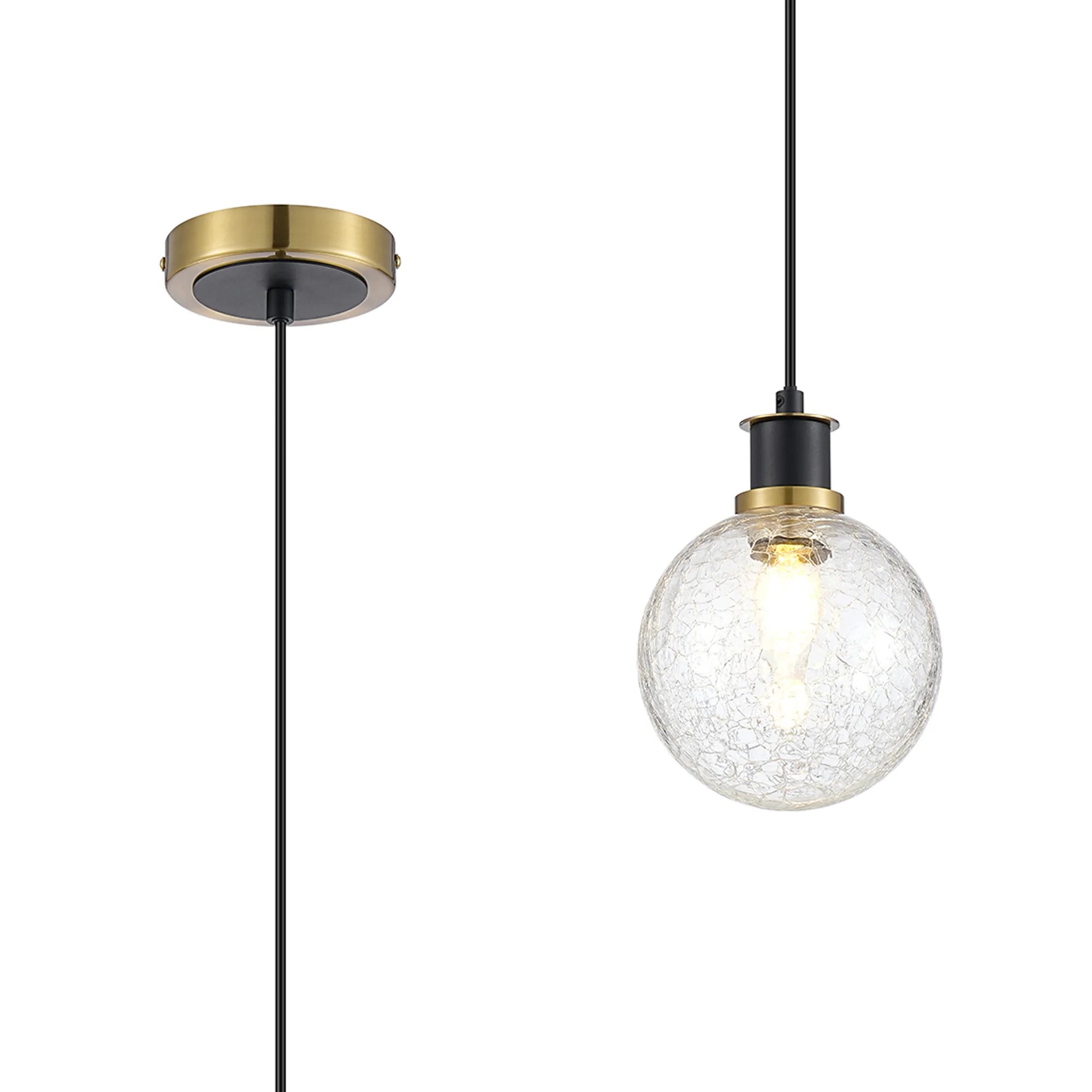 Sycamore Pendant with 15cm Round Crackled Glass Shade - Brass, Clear & Satin Black
