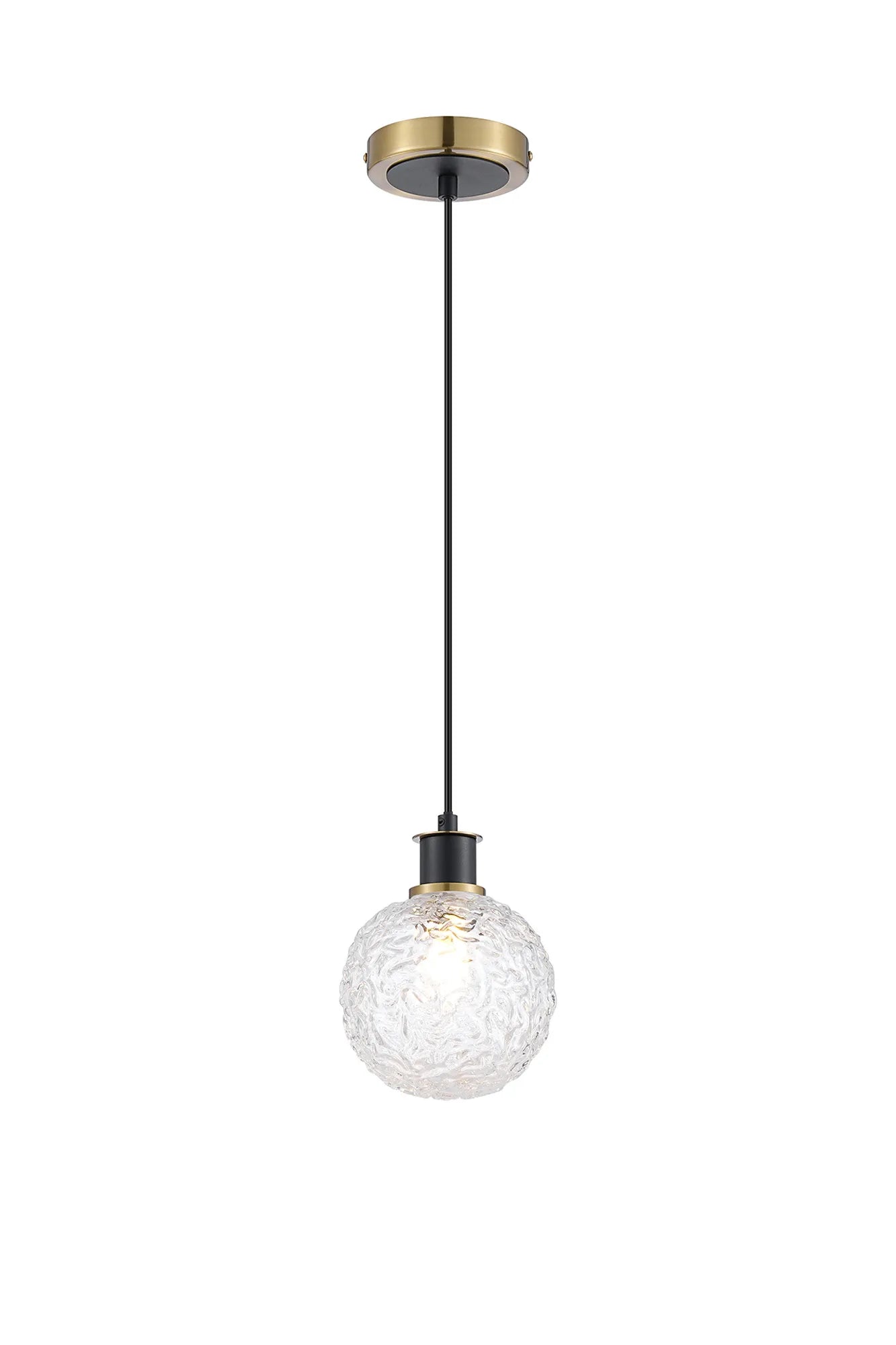 Sycamore Pendant with 15cm Round Textured Crumple Glass Shade - Brass, Clear & Satin Black