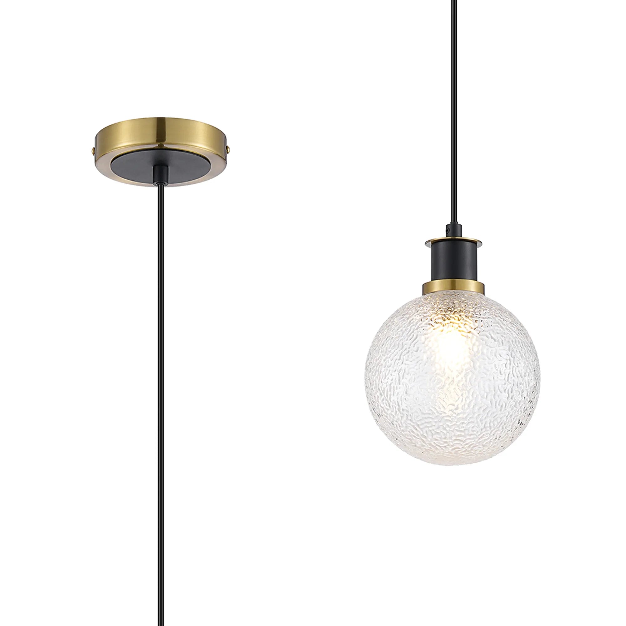 Sycamore Pendant with 15cm Round Dimpled Glass Shade - Brass, Clear & Satin Black