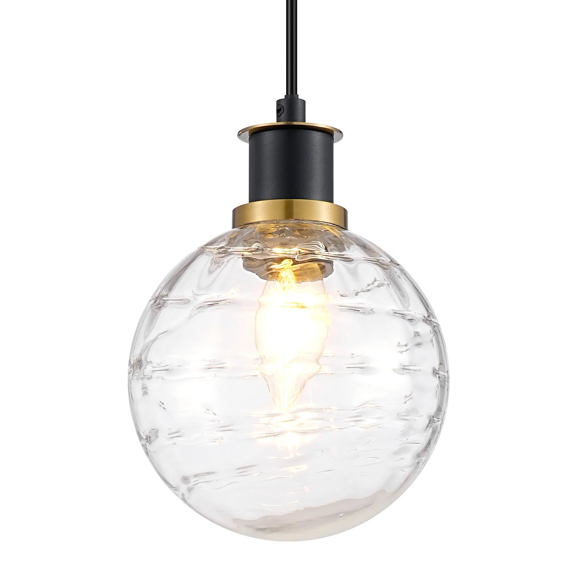 Sycamore Pendant with 15cm Round Textured Melting Glass Shade - Brass, Clear & Satin Black