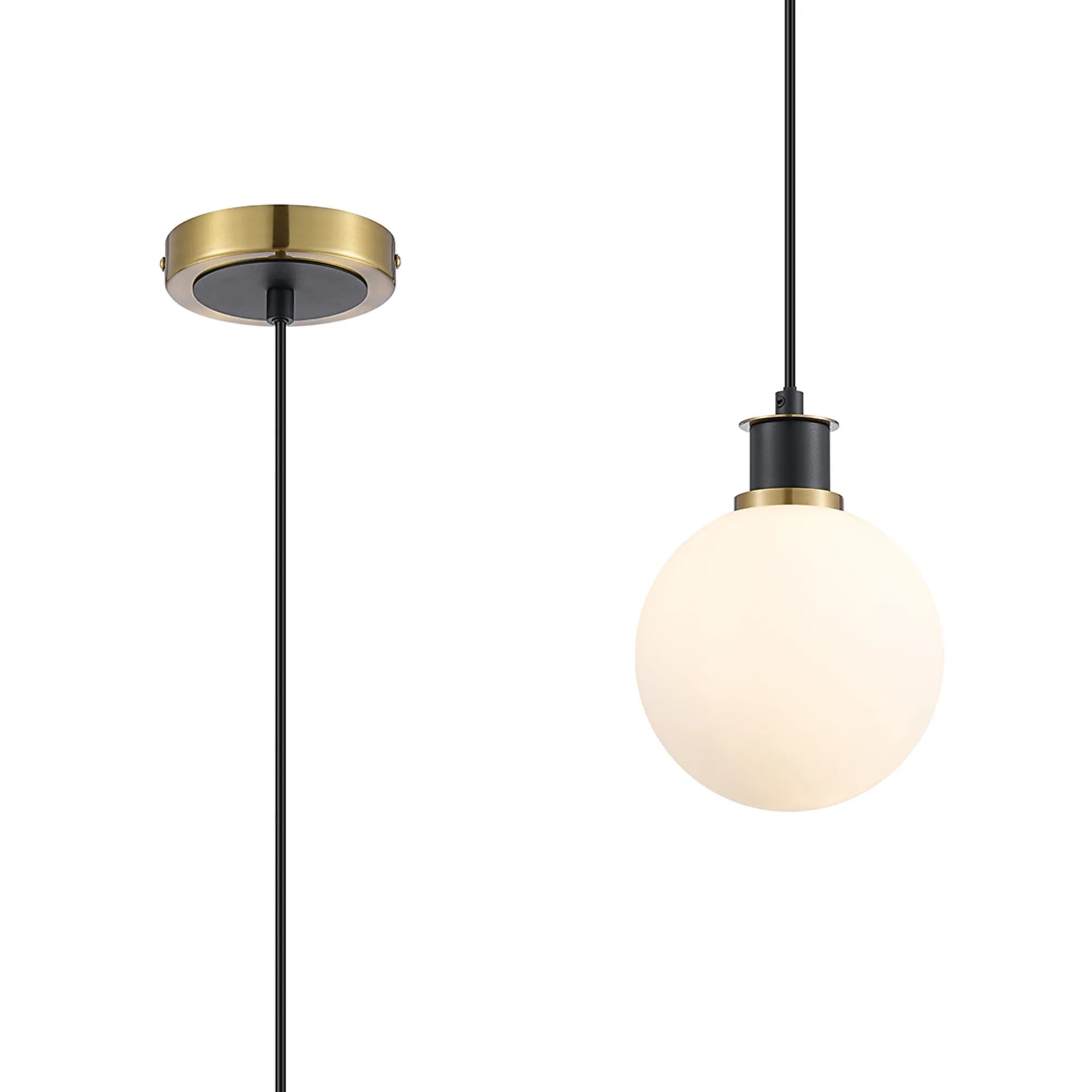 Sycamore Pendant with 15cm Round Glass Shade - Brass, Opal & Satin Black