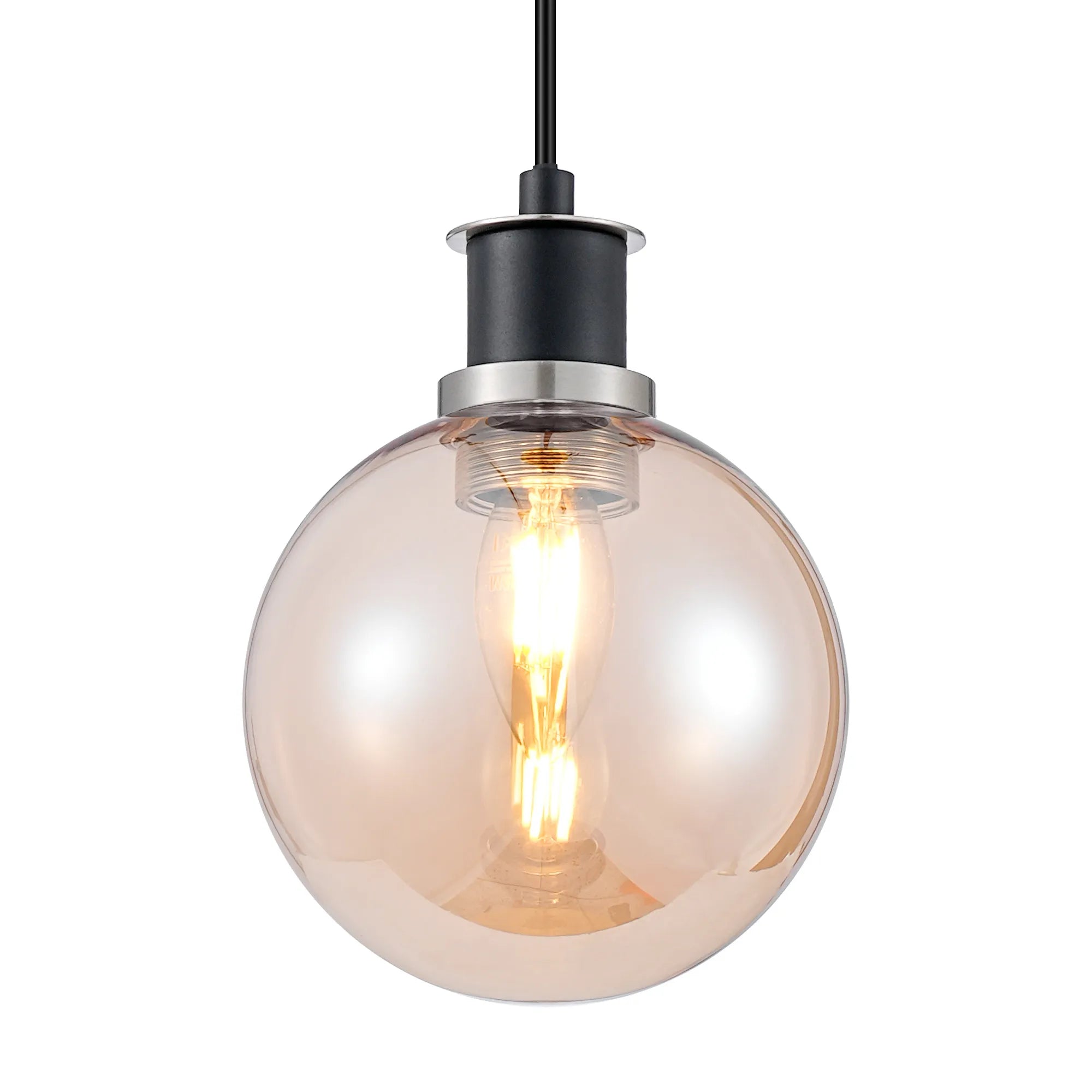Sycamore Pendant with 15cm Round Glass Shade - Satin Nickel, Amber Plated & Satin Black