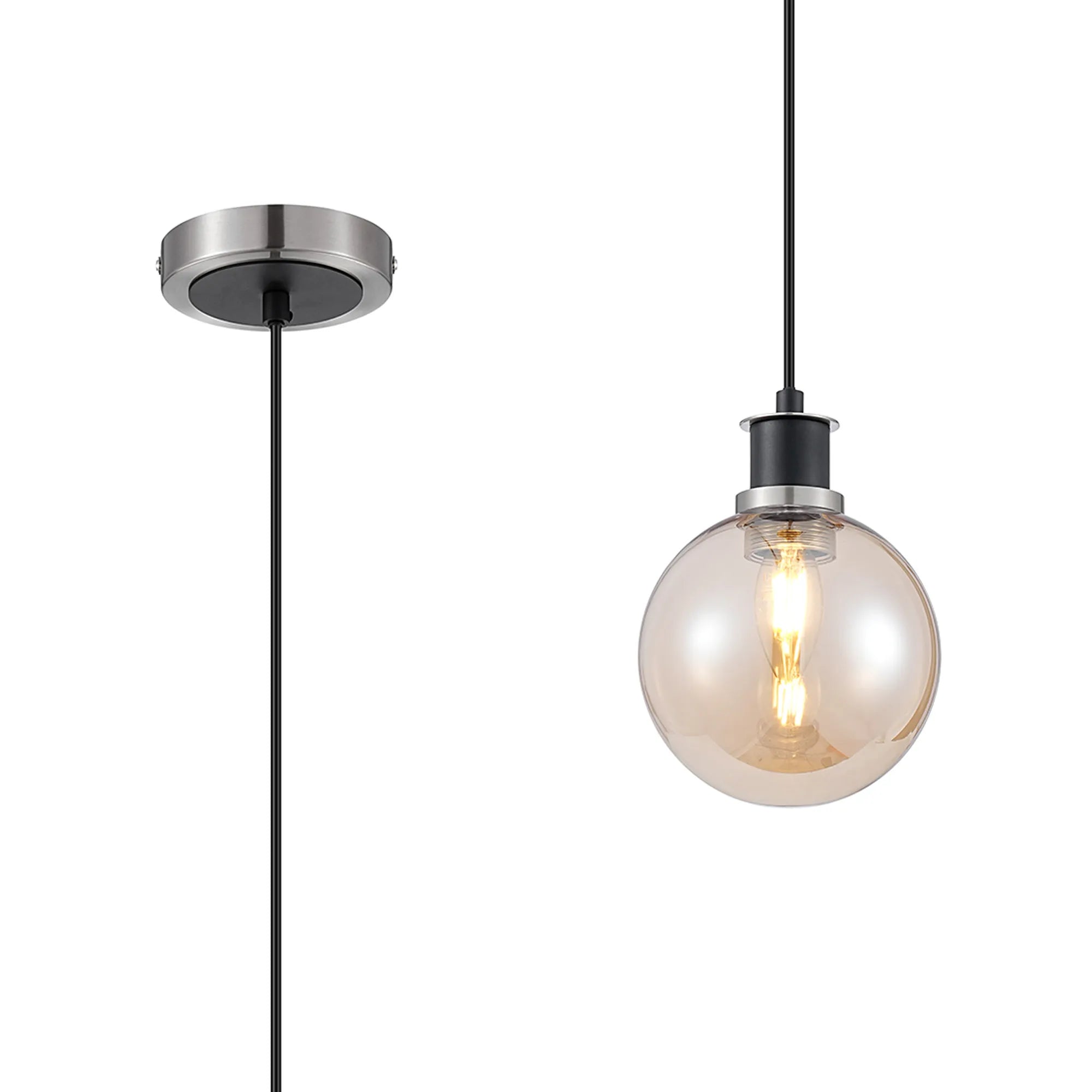 Sycamore Pendant with 15cm Round Glass Shade - Satin Nickel, Amber Plated & Satin Black