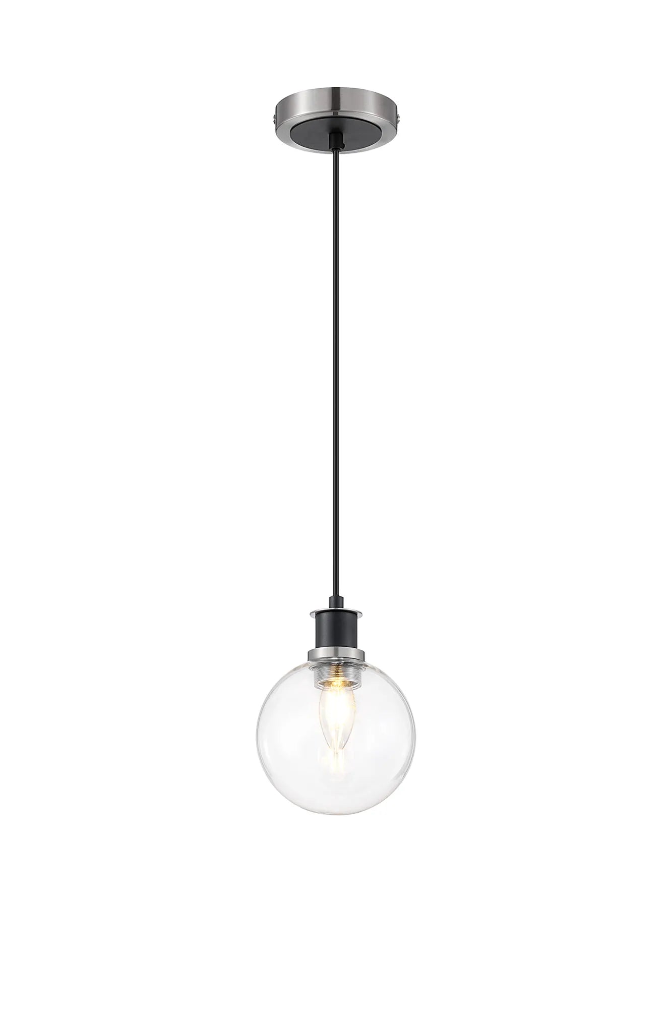 Sycamore Pendant with 15cm Round Glass Shade - Satin Nickel, Clear & Satin Black
