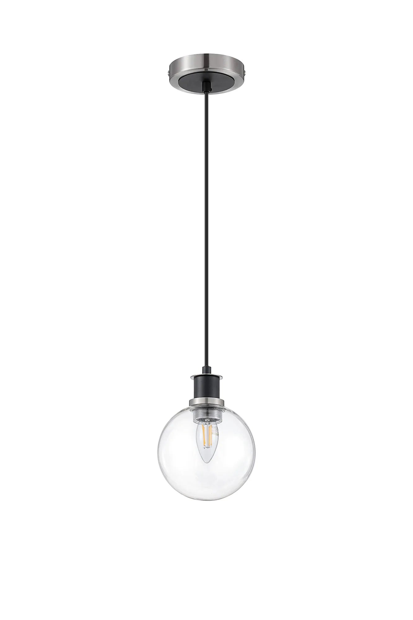 Sycamore Pendant with 15cm Round Glass Shade - Satin Nickel, Clear & Satin Black