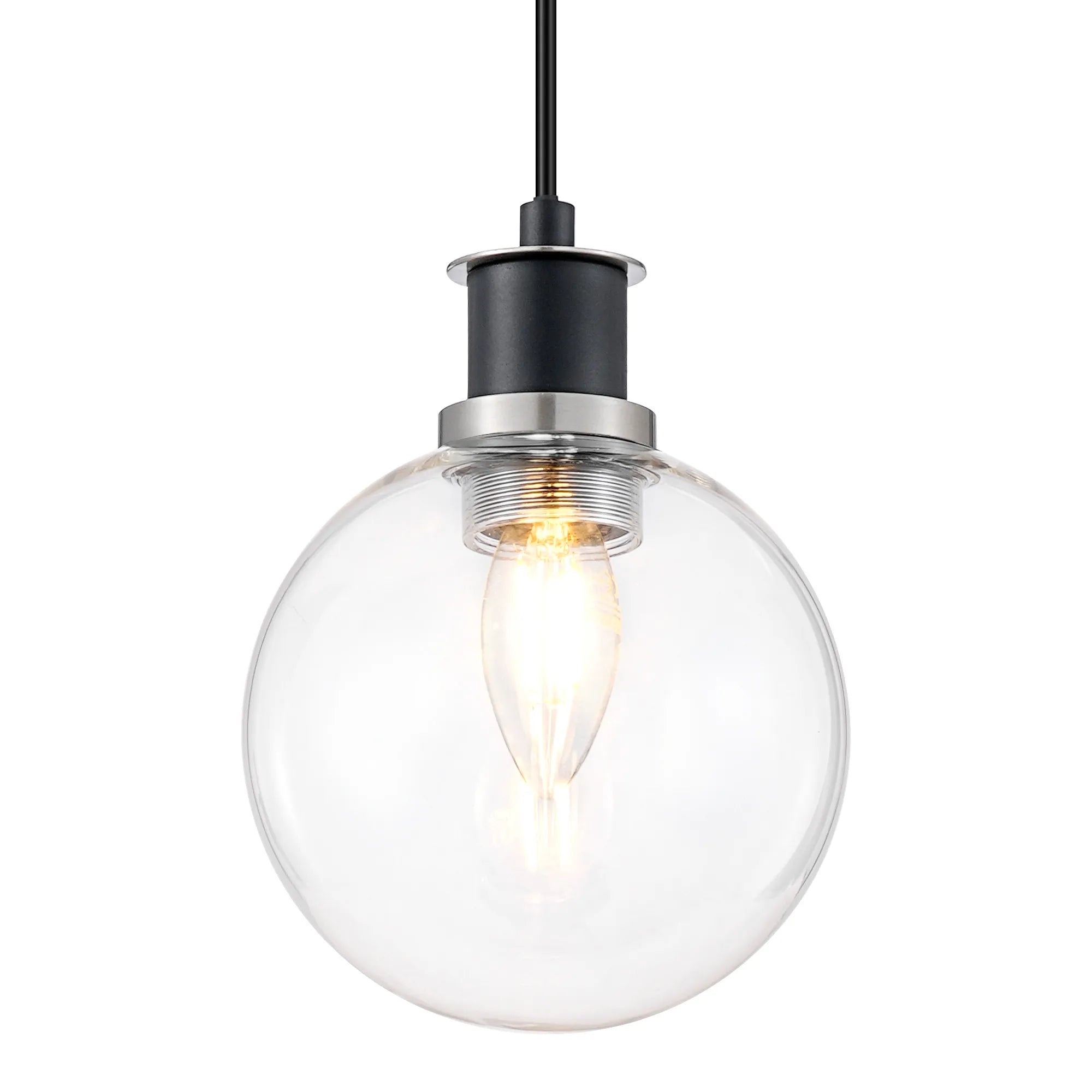Sycamore Pendant with 15cm Round Glass Shade - Satin Nickel, Clear & Satin Black