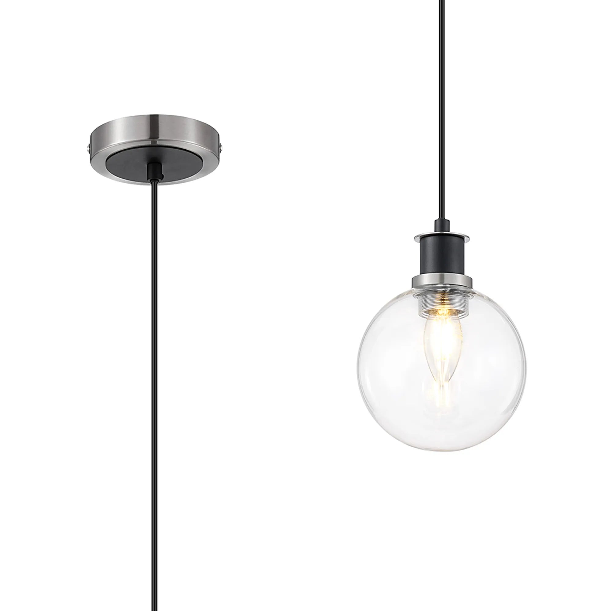 Sycamore Pendant with 15cm Round Glass Shade - Satin Nickel, Clear & Satin Black