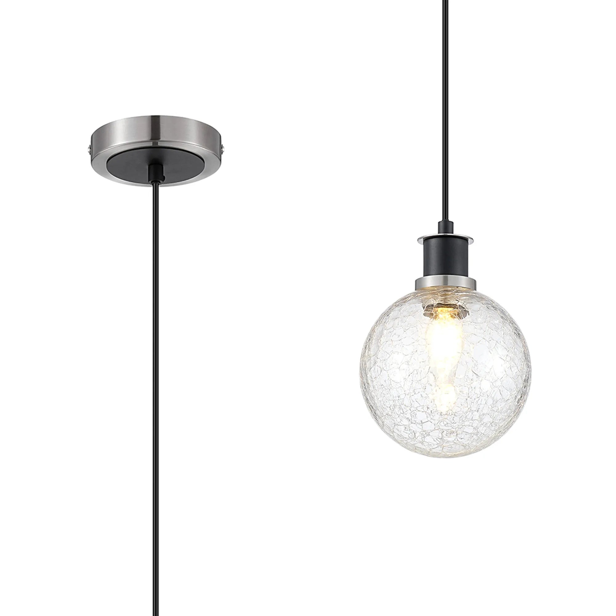 Sycamore Pendant with 15cm Round Crackled Glass Shade - Satin Nickel, Clear & Satin Black