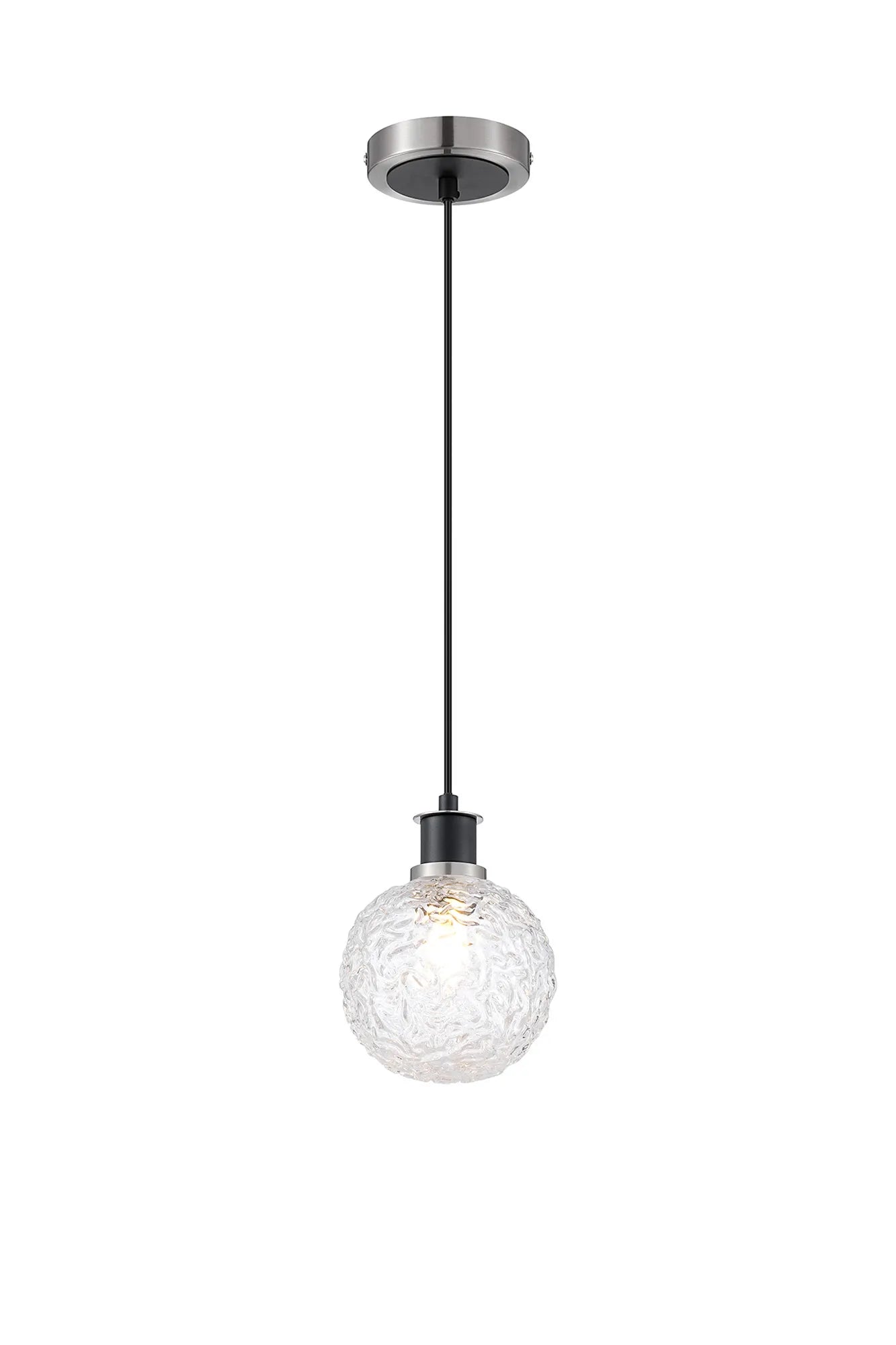 Sycamore Pendant with 15cm Round Textured Crumple Glass Shade - Satin Nickel, Clear & Satin Black