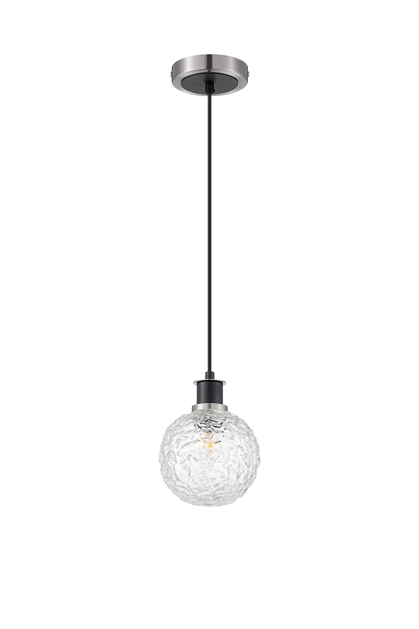 Sycamore Pendant with 15cm Round Textured Crumple Glass Shade - Satin Nickel, Clear & Satin Black