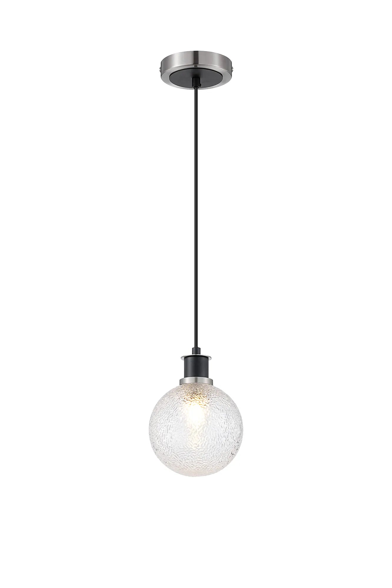 Sycamore Pendant with 15cm Round Dimpled Glass Shade - Satin Nickel, Clear & Satin Black