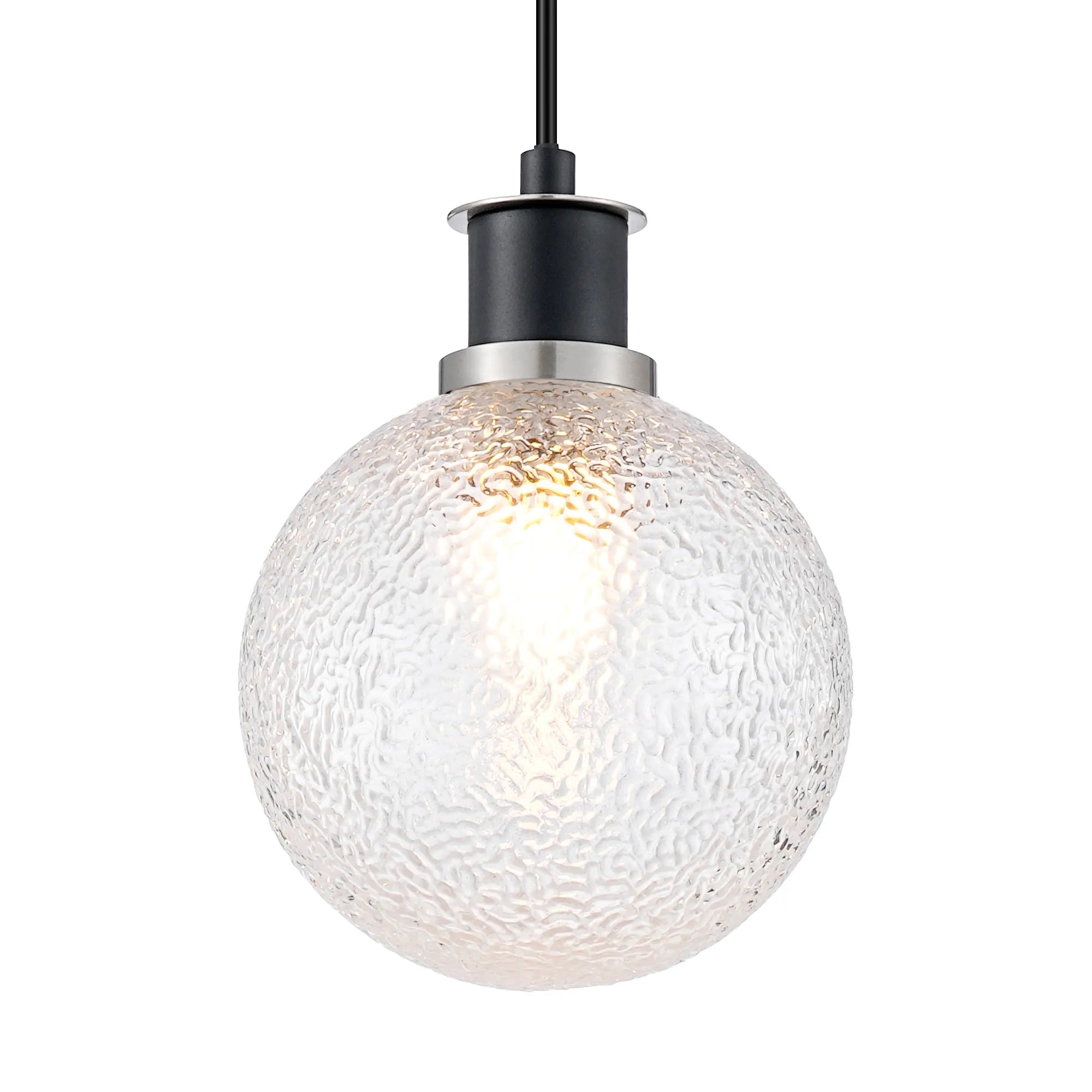 Sycamore Pendant with 15cm Round Dimpled Glass Shade - Satin Nickel, Clear & Satin Black
