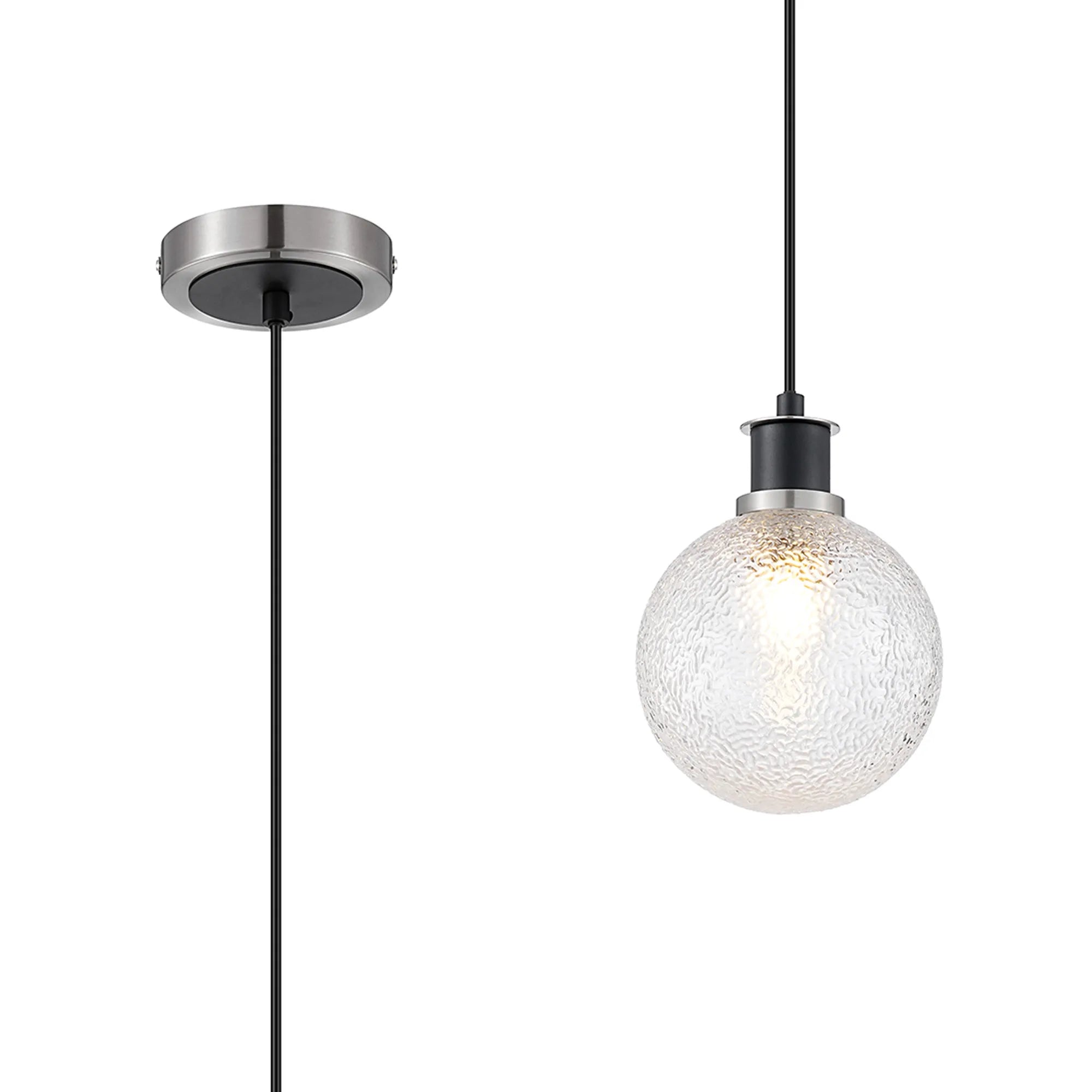Sycamore Pendant with 15cm Round Dimpled Glass Shade - Satin Nickel, Clear & Satin Black