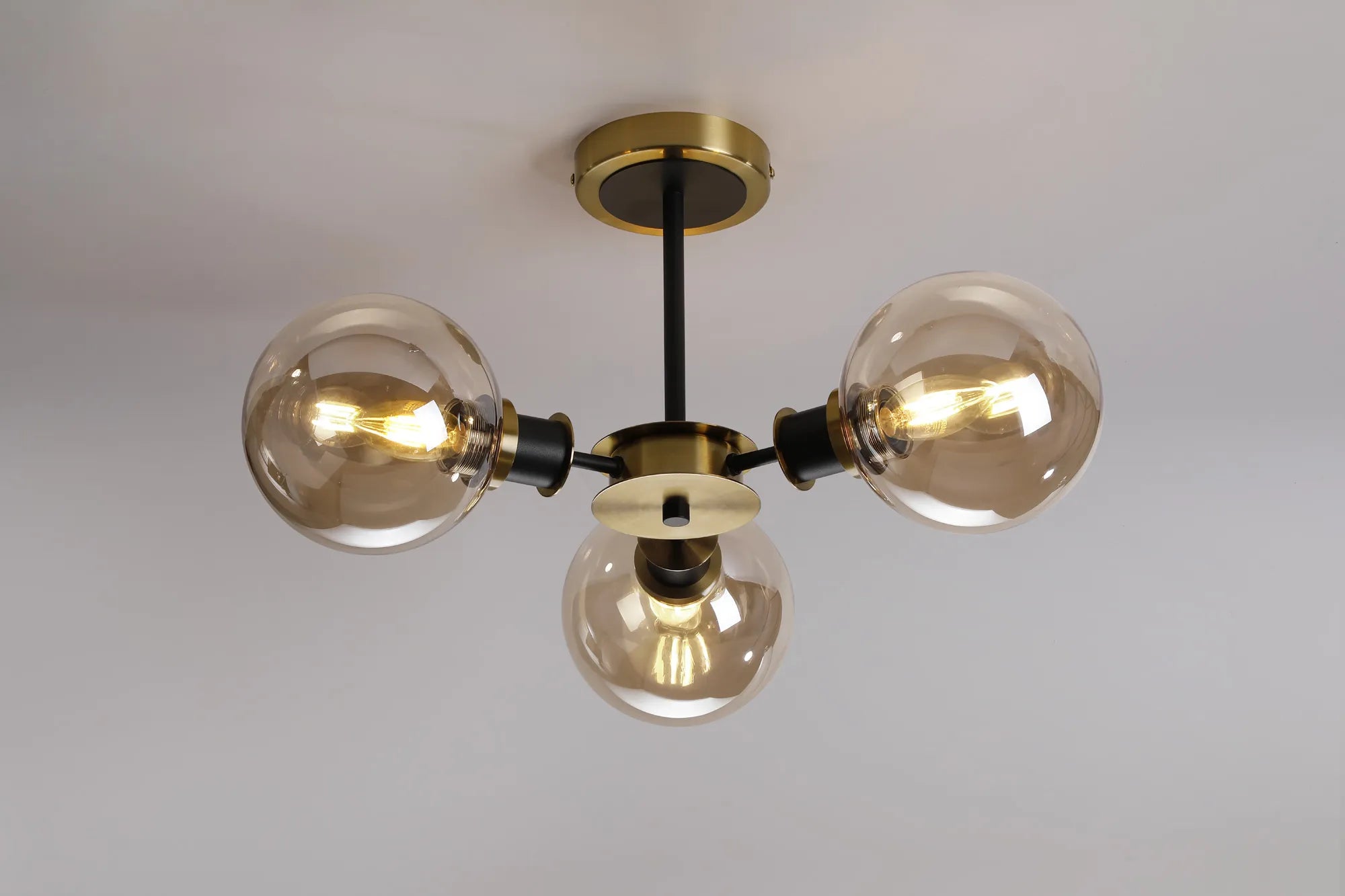 Sycamore Semi Ceiliing 3 Light with 15cm Round Glass Shade - Brass, Amber Plated & Satin Black