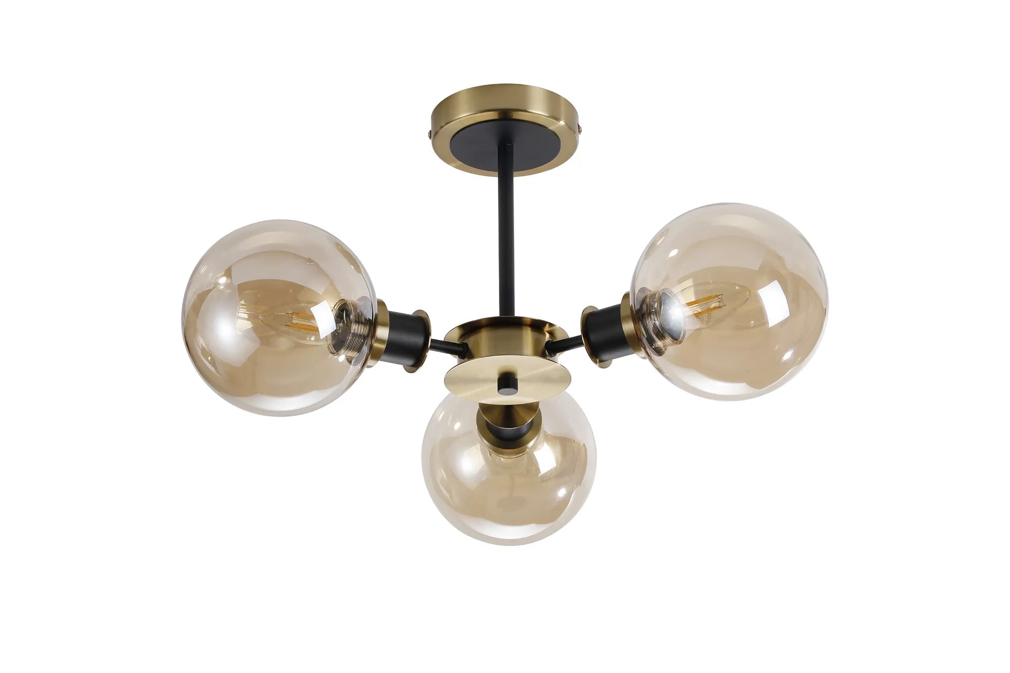 Sycamore Semi Ceiliing 3 Light with 15cm Round Glass Shade - Brass, Amber Plated & Satin Black