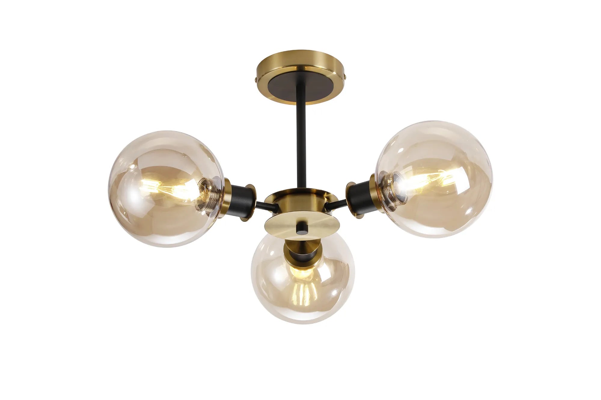 Sycamore Semi Ceiliing 3 Light with 15cm Round Glass Shade - Brass, Amber Plated & Satin Black