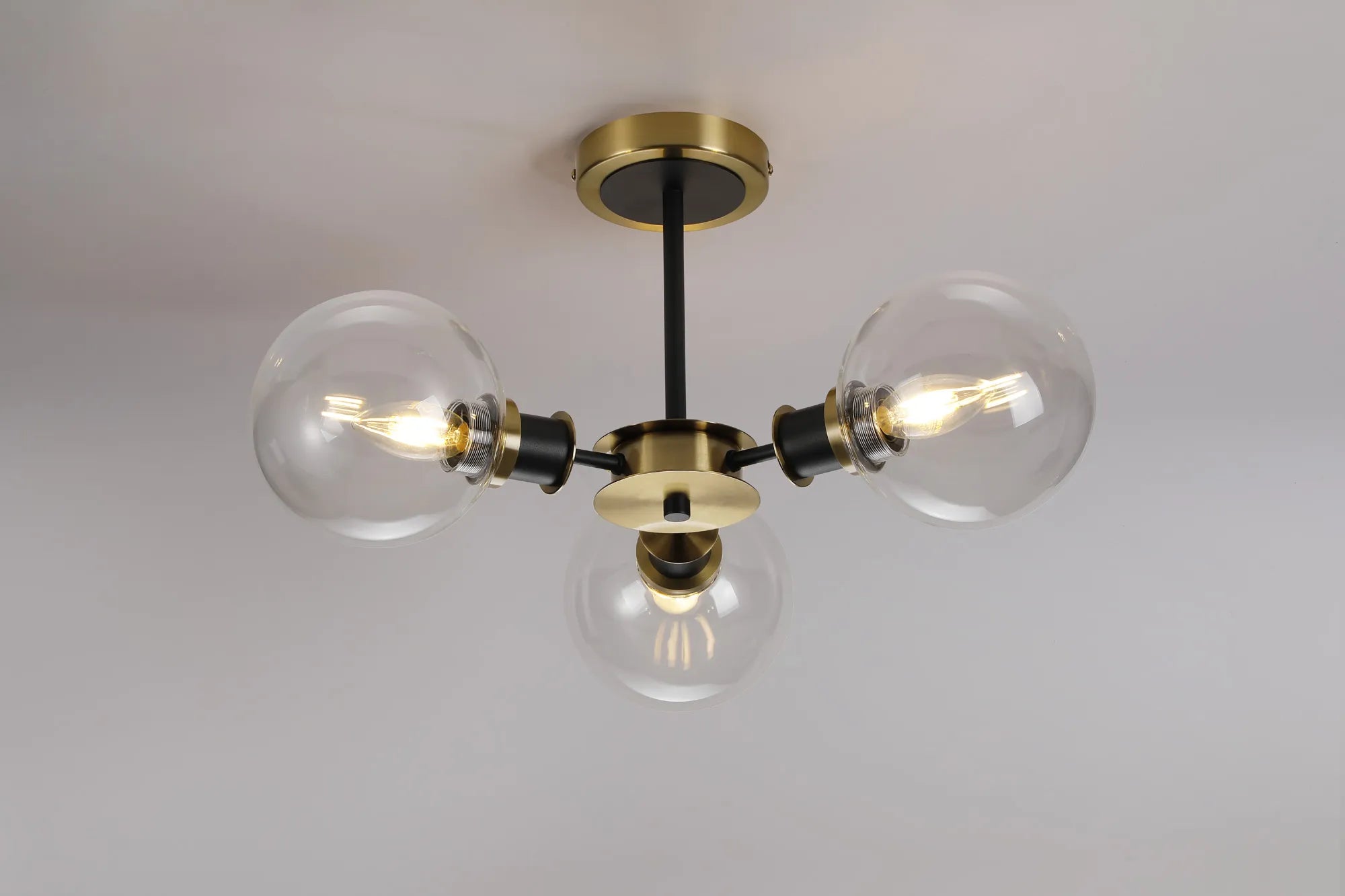 Sycamore Semi Ceiliing 3 Light with 15cm Round Glass Shade - Brass, Clear & Satin Black
