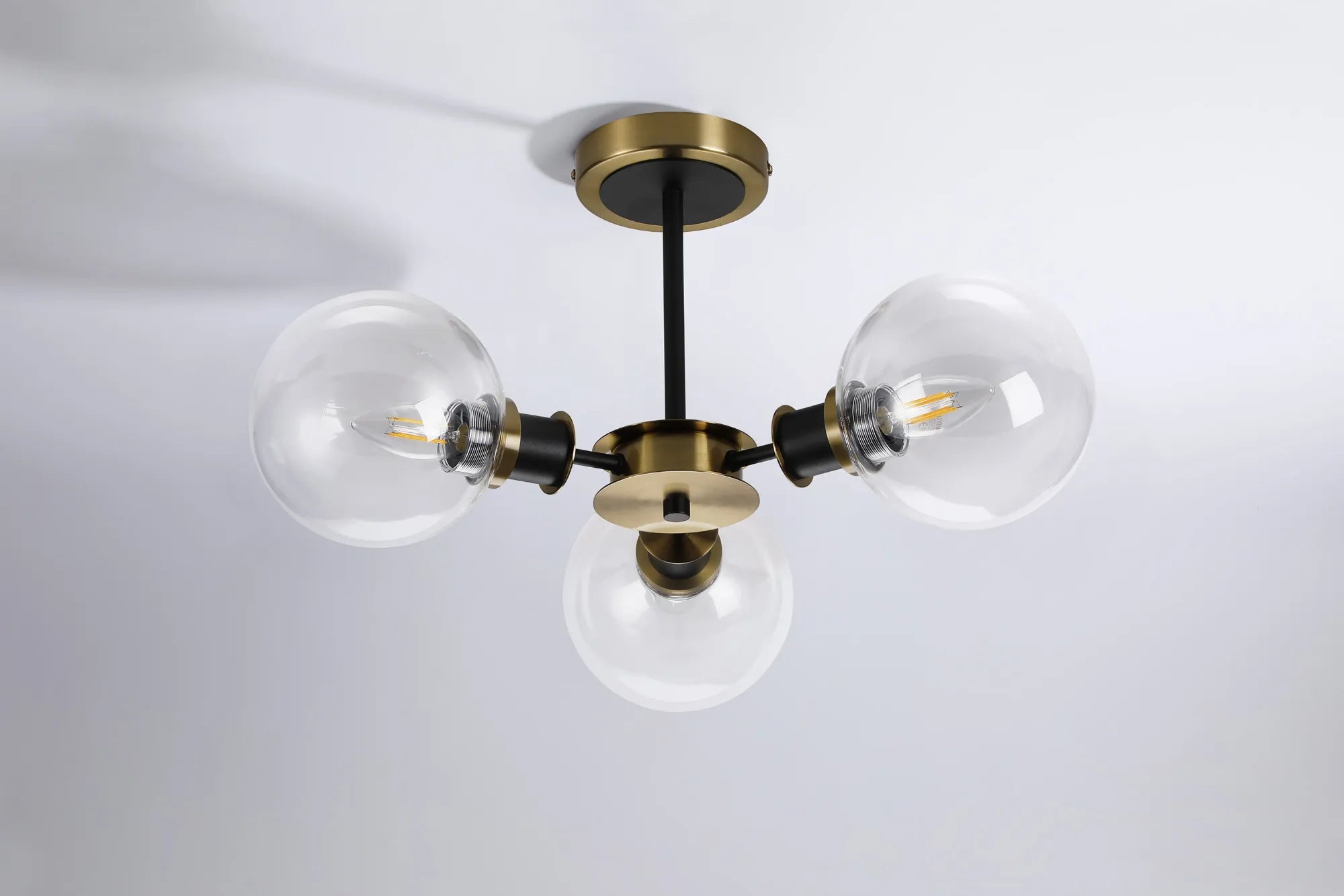 Sycamore Semi Ceiliing 3 Light with 15cm Round Glass Shade - Brass, Clear & Satin Black