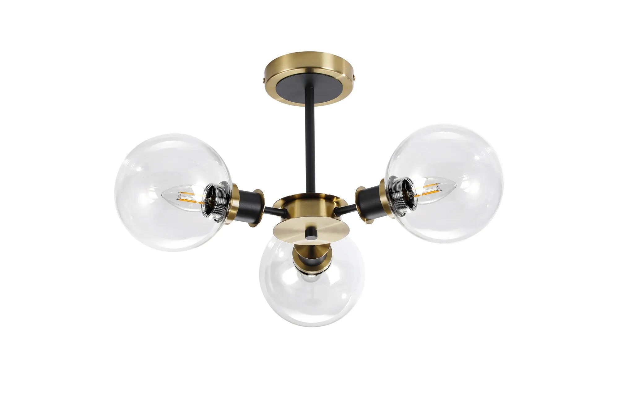 Sycamore Semi Ceiliing 3 Light with 15cm Round Glass Shade - Brass, Clear & Satin Black