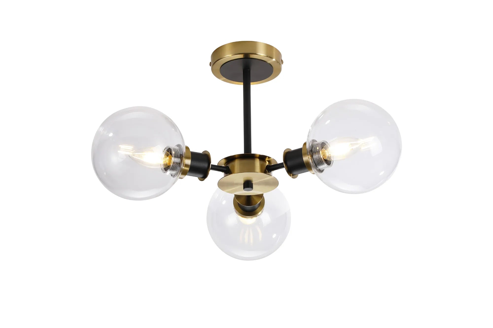 Sycamore Semi Ceiliing 3 Light with 15cm Round Glass Shade - Brass, Clear & Satin Black