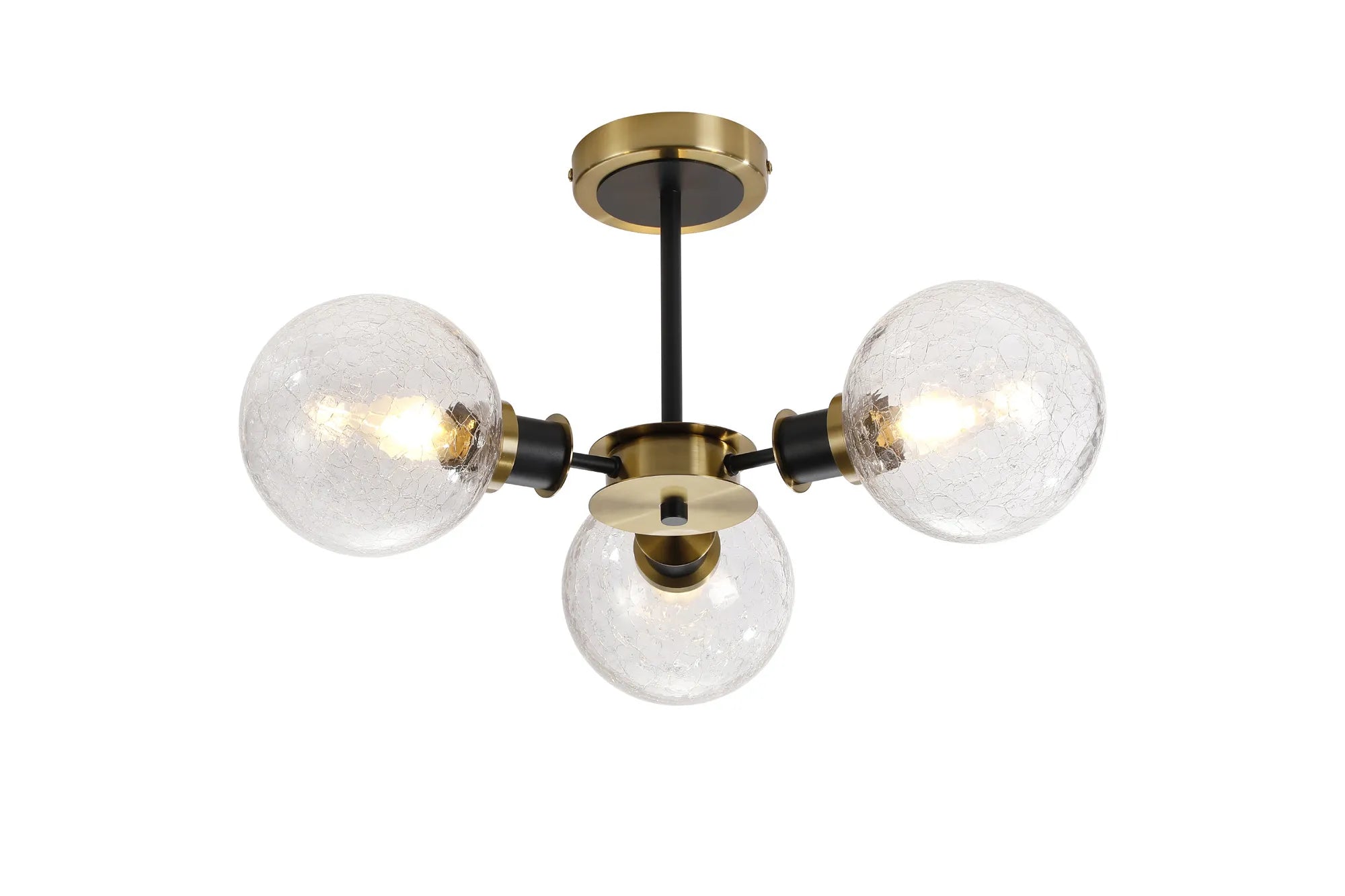 Sycamore Semi Ceiliing 3 Light with 15cm Round Crackled Glass Shade - Brass, Clear & Satin Black