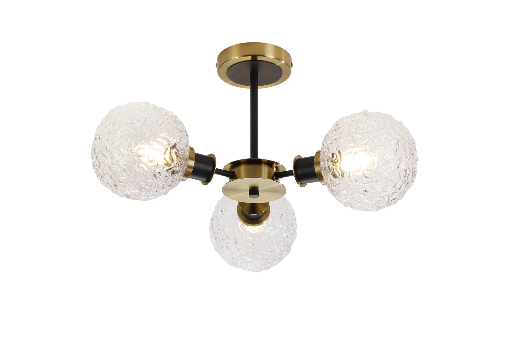 Sycamore Semi Ceiliing 3 Light with 15cm Round Textured Crumple Glass Shade - Brass, Clear & Satin Black