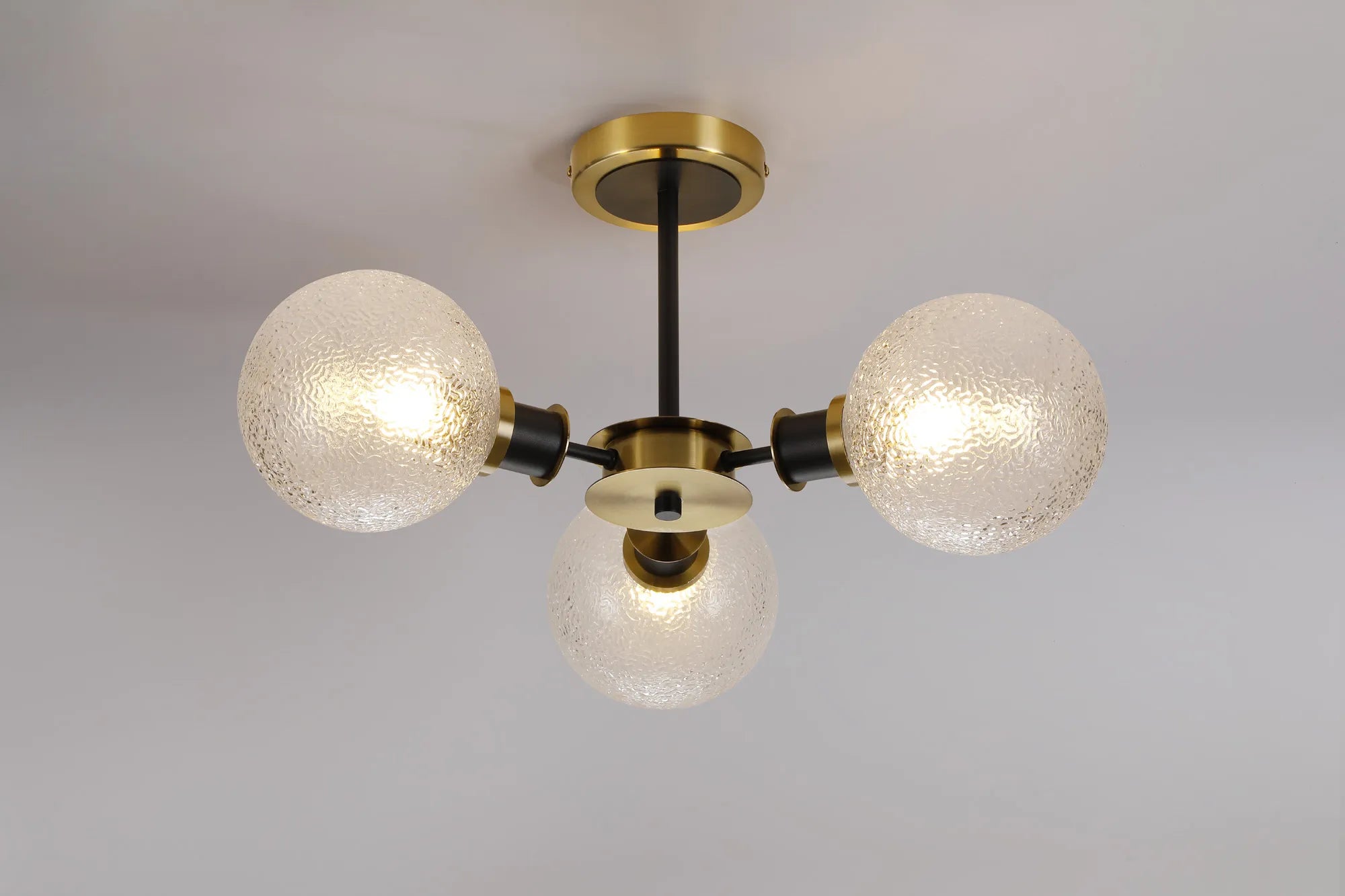 Sycamore Semi Ceiliing 3 Light with 15cm Round Dimpled Glass Shade - Brass, Clear & Satin Black