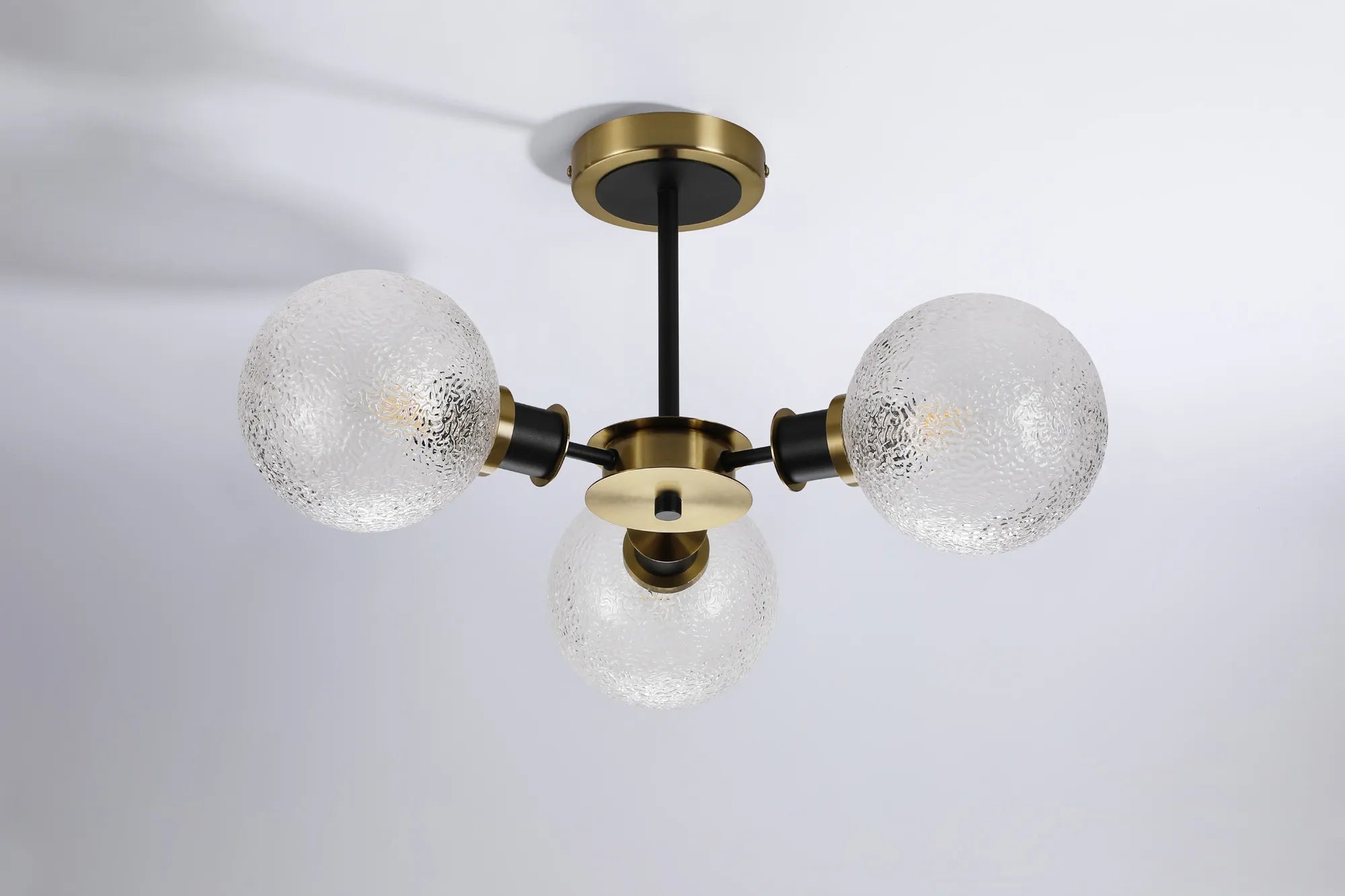 Sycamore Semi Ceiliing 3 Light with 15cm Round Dimpled Glass Shade - Brass, Clear & Satin Black