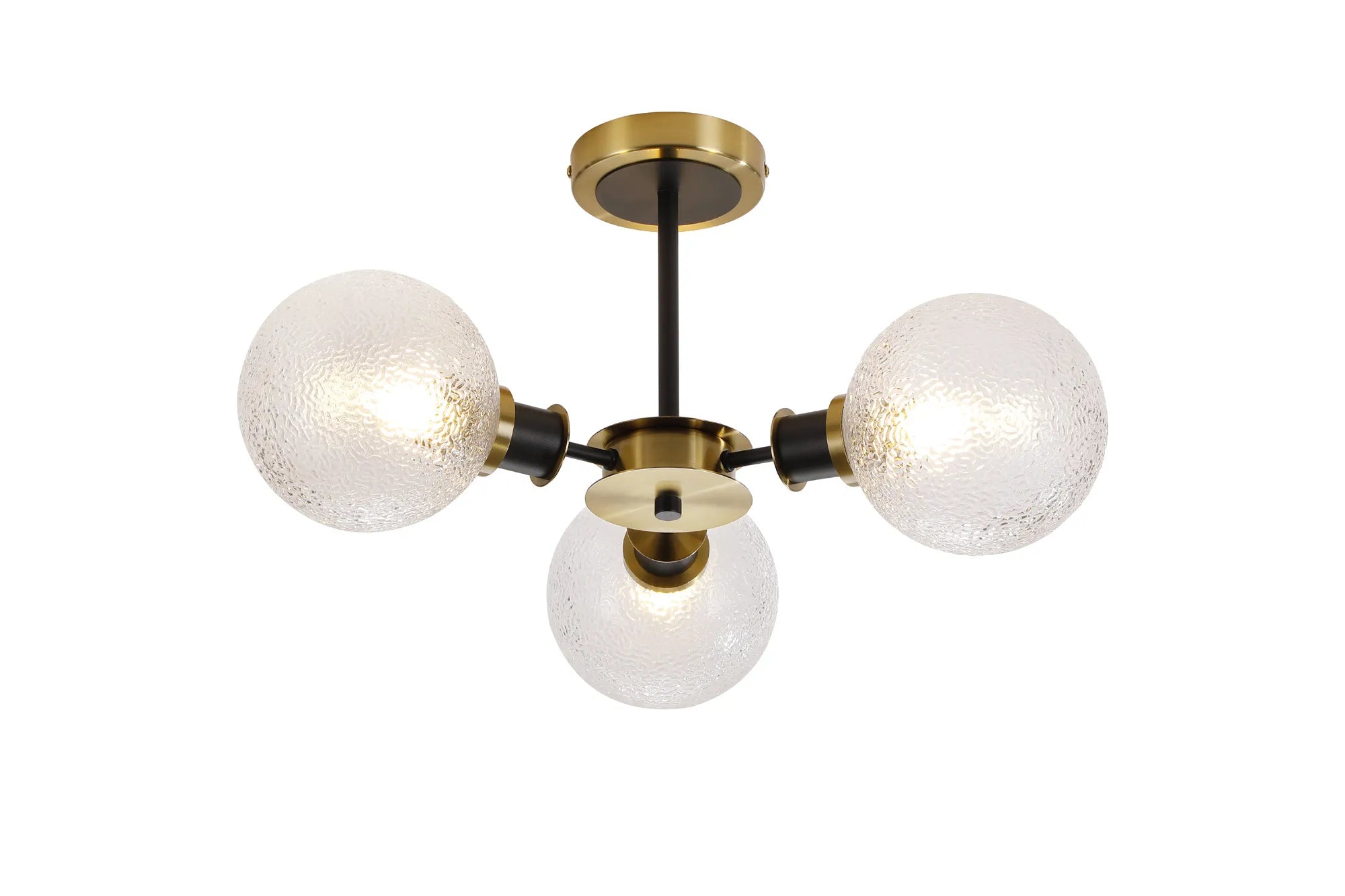 Sycamore Semi Ceiliing 3 Light with 15cm Round Dimpled Glass Shade - Brass, Clear & Satin Black