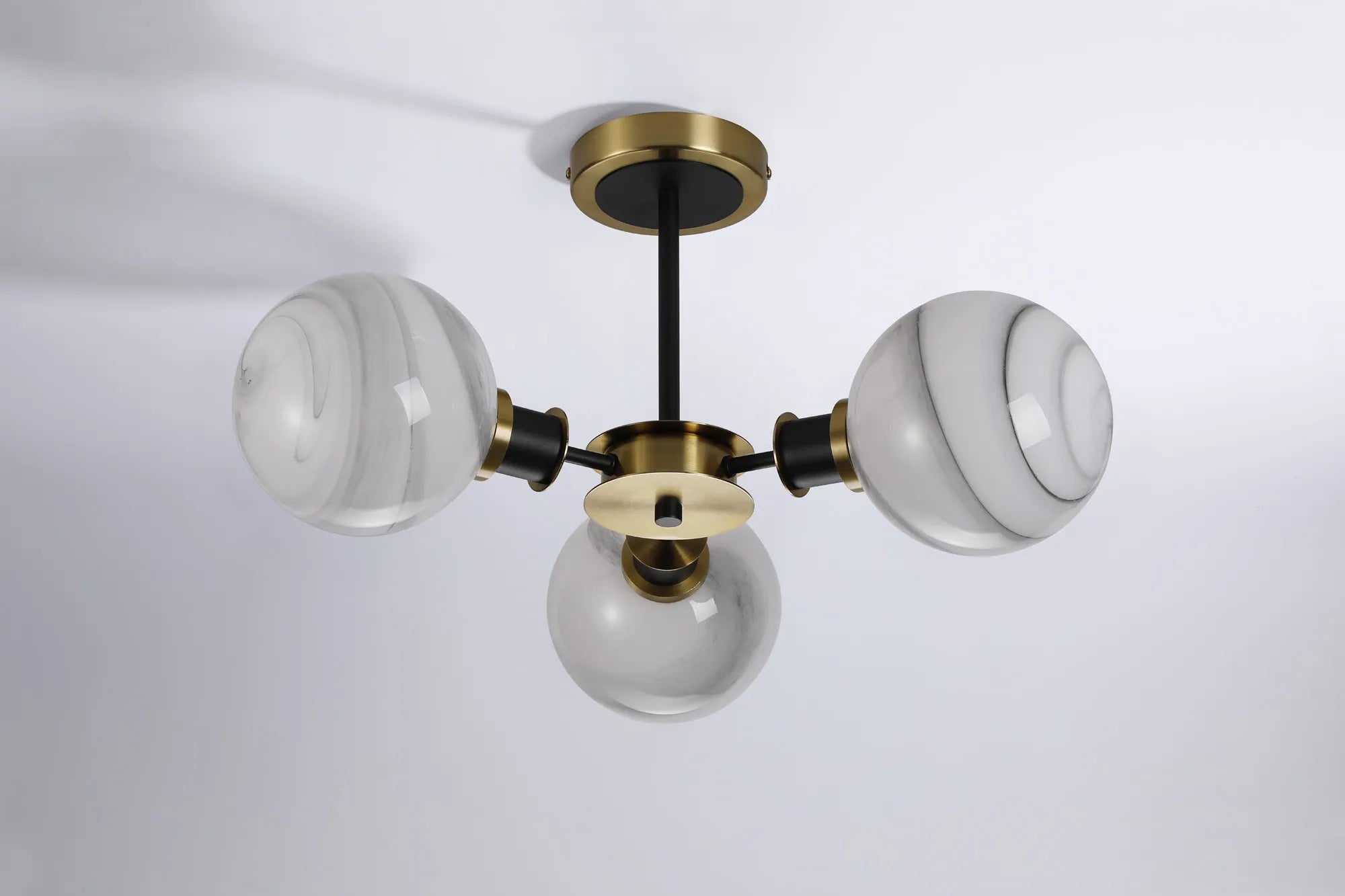 Sycamore Semi Ceiliing 3 Light with 15cm Round Marble Effect Glass Shade - Brass, White & Satin Black