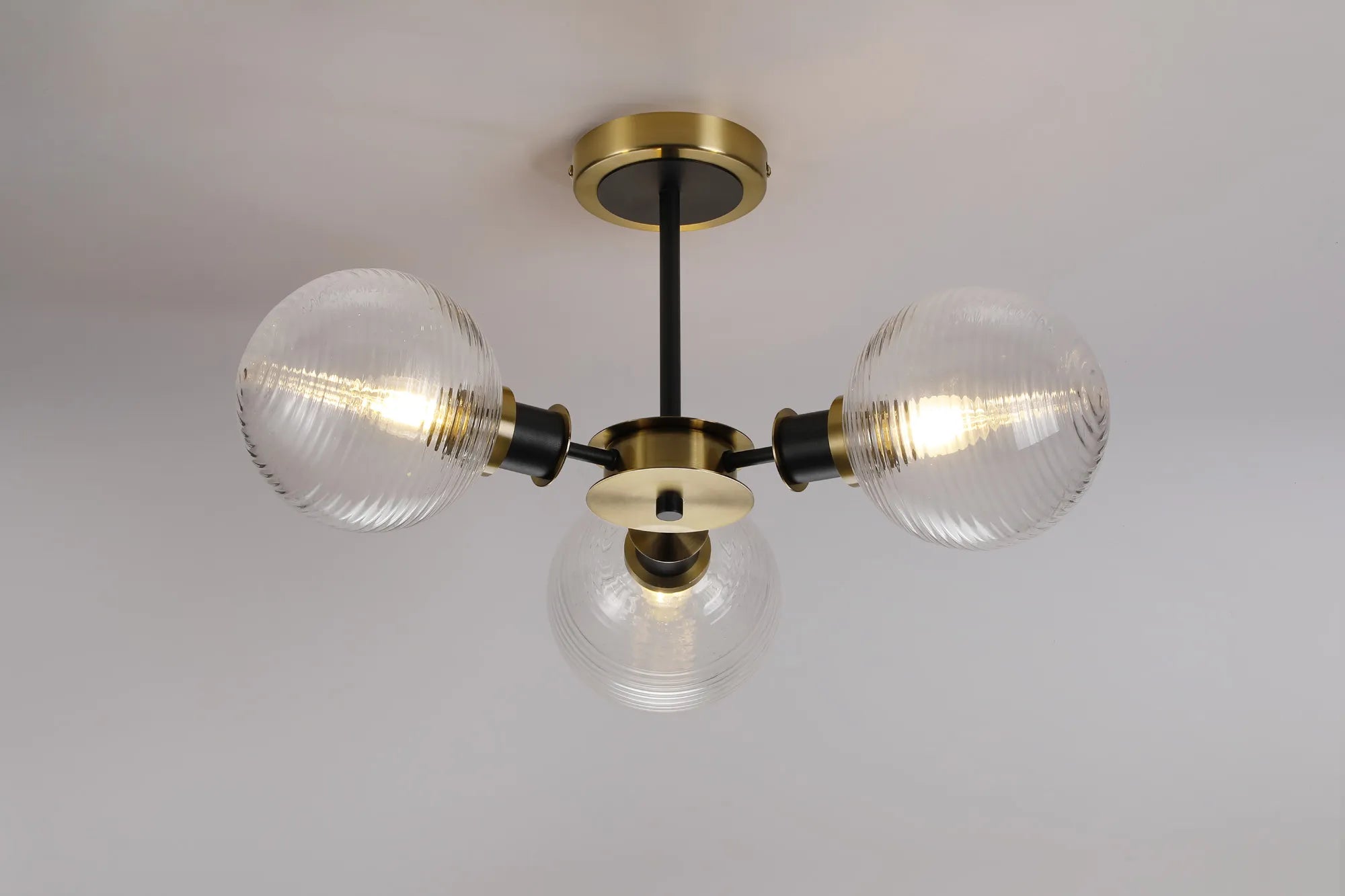 Sycamore Semi Ceiliing 3 Light with 15cm Round Ribbed Glass Shade - Brass, Clear & Satin Black
