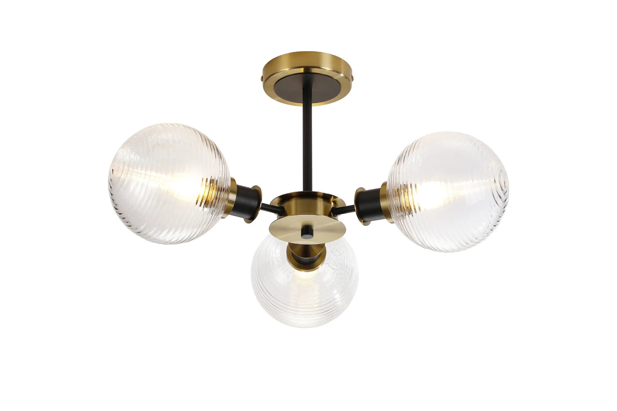 Sycamore Semi Ceiliing 3 Light with 15cm Round Ribbed Glass Shade - Brass, Clear & Satin Black
