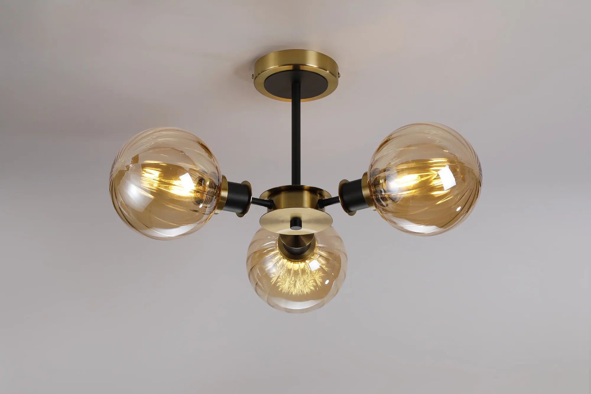 Sycamore Semi Ceiliing 3 Light with 15cm Round Segment Glass Shade - Brass, Amber Plated & Satin Black
