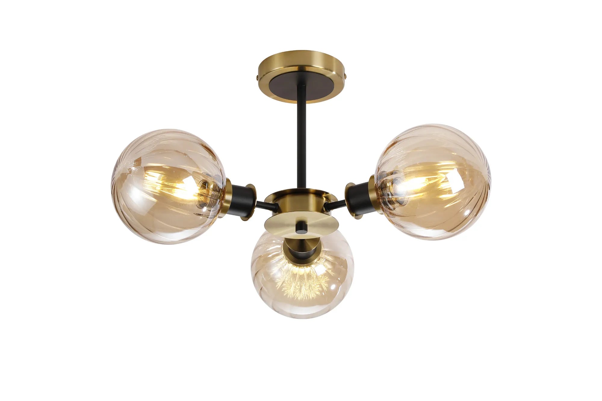 Sycamore Semi Ceiliing 3 Light with 15cm Round Segment Glass Shade - Brass, Amber Plated & Satin Black
