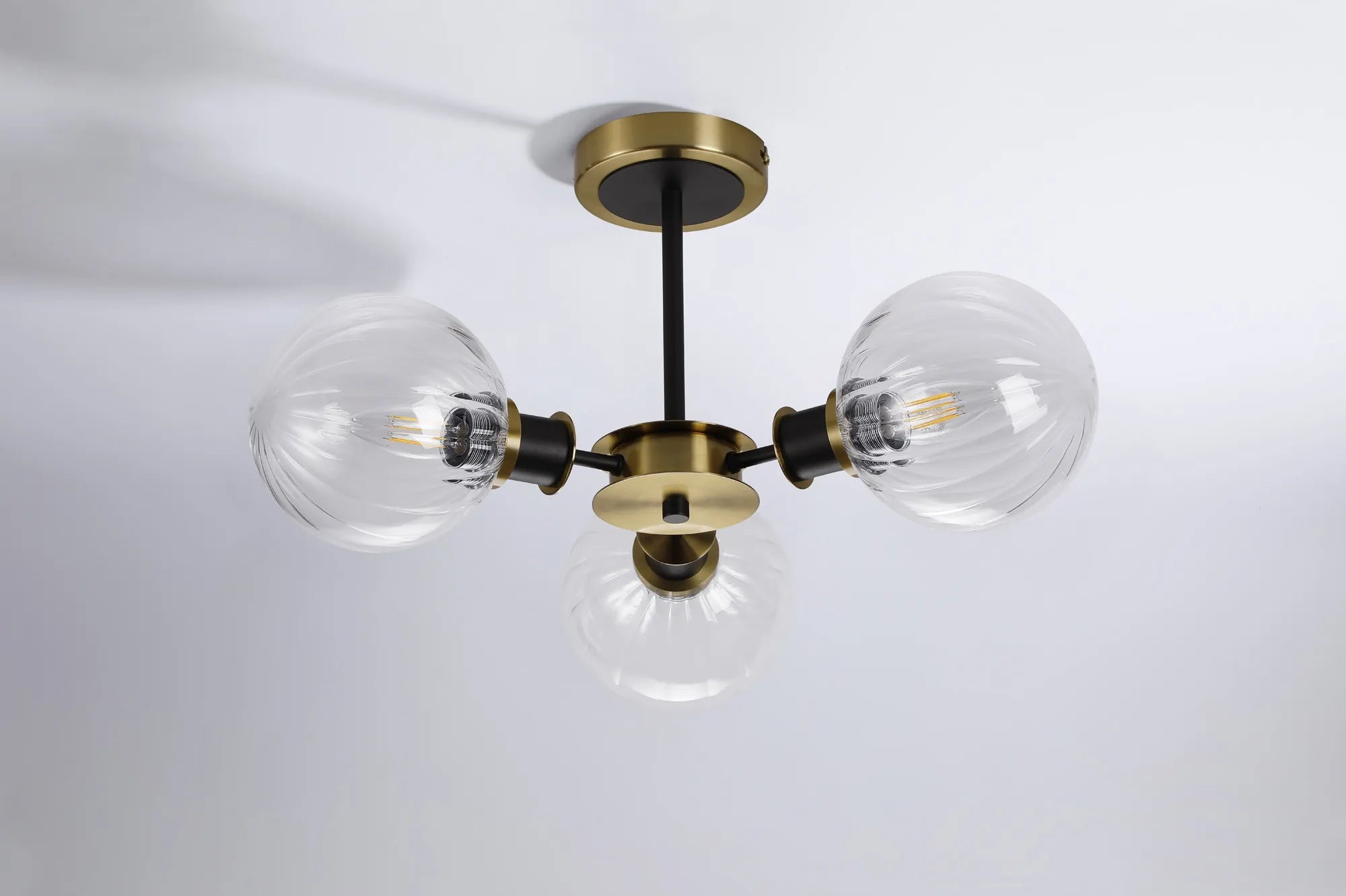 Sycamore Semi Ceiliing 3 Light with 15cm Round Segment Glass Shade - Brass, Clear & Satin Black