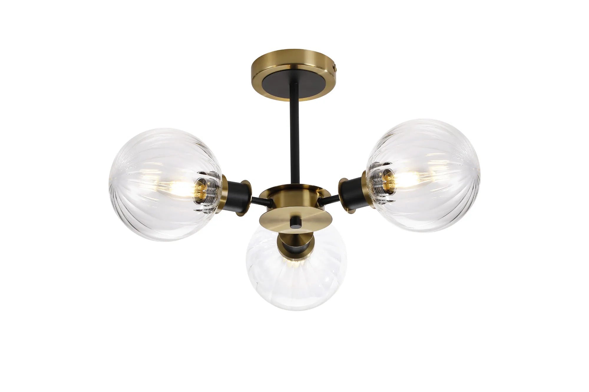 Sycamore Semi Ceiliing 3 Light with 15cm Round Segment Glass Shade - Brass, Clear & Satin Black
