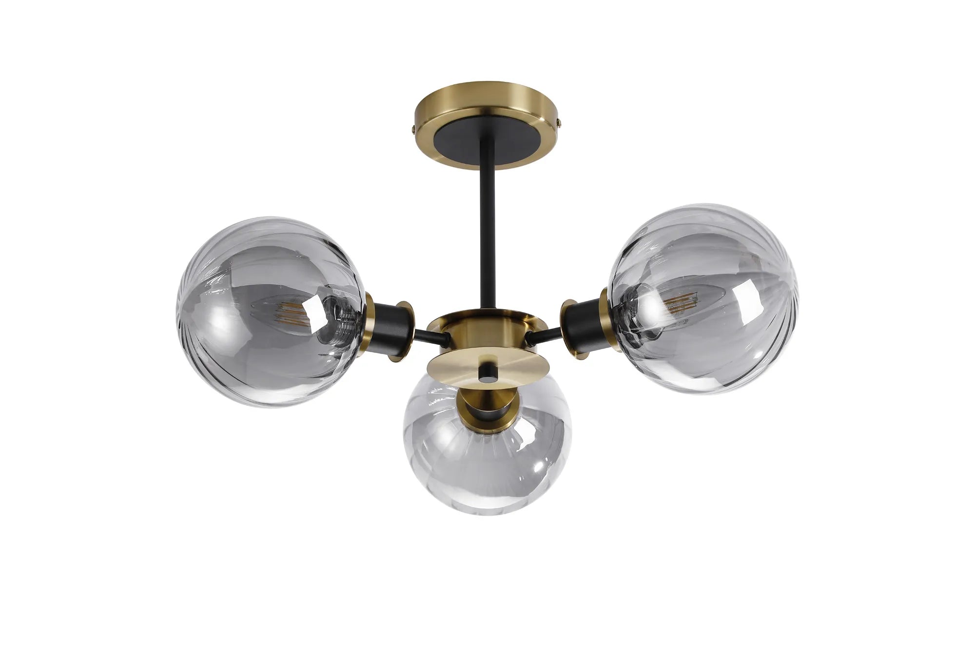 Sycamore Semi Ceiliing 3 Light with 15cm Round Segment Glass Shade - Brass, Smoke Plated & Satin Black
