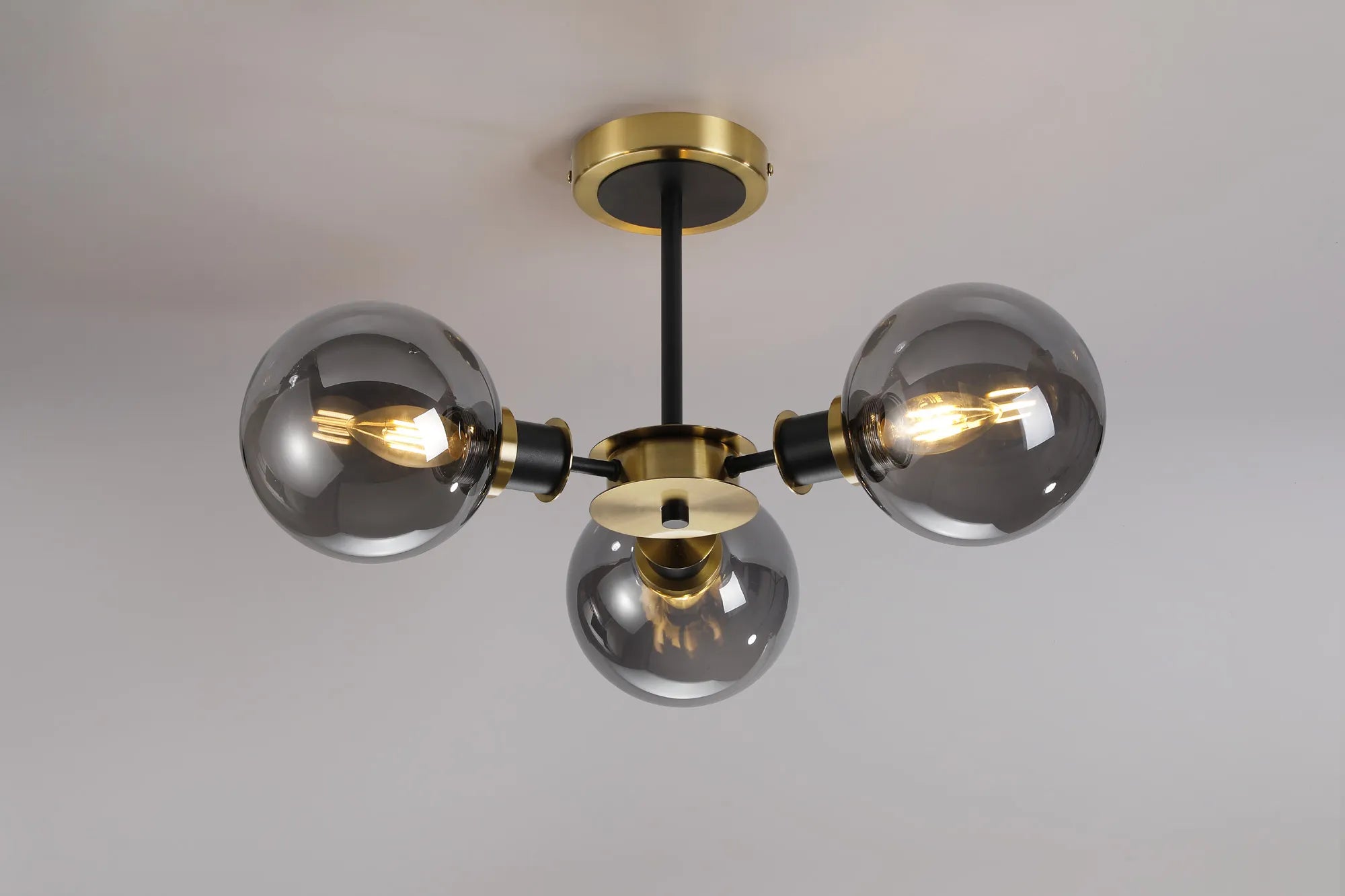 Sycamore Semi Ceiliing 3 Light with 15cm Round Glass Shade - Brass, Smoke Plated & Satin Black