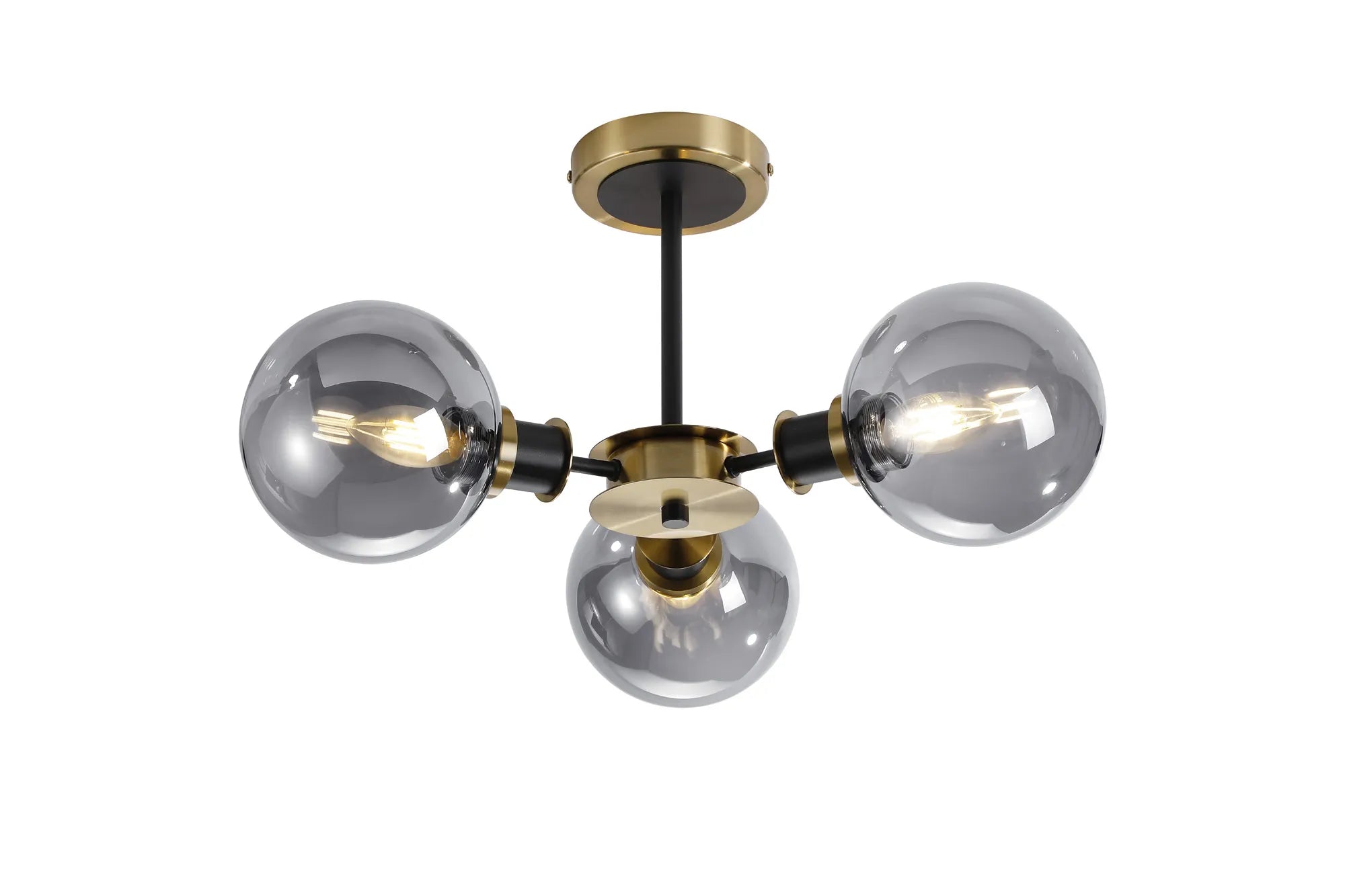 Sycamore Semi Ceiliing 3 Light with 15cm Round Glass Shade - Brass, Smoke Plated & Satin Black