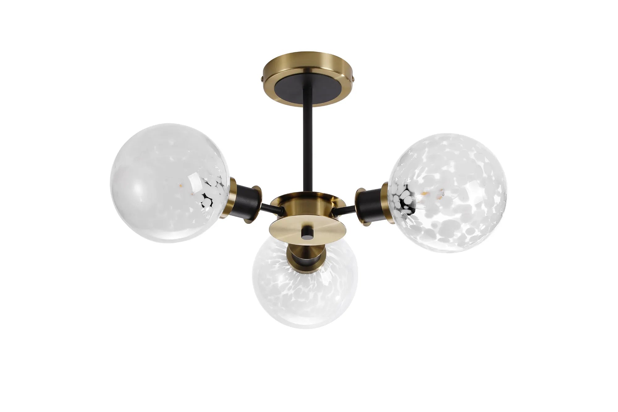 Sycamore Semi Ceiliing 3 Light with 15cm Round Speckled Glass Shade - Brass, White & Satin Black