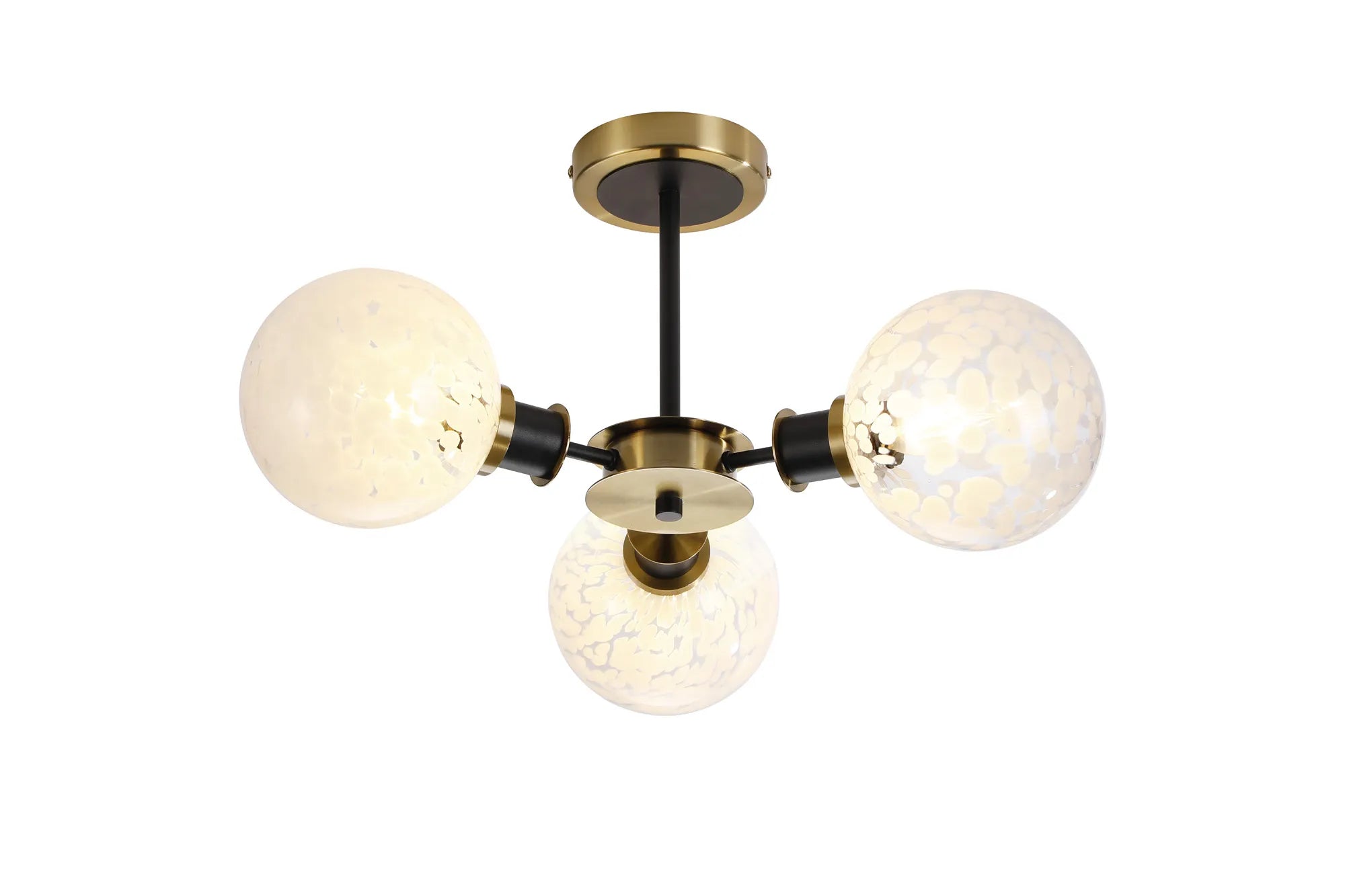 Sycamore Semi Ceiliing 3 Light with 15cm Round Speckled Glass Shade - Brass, White & Satin Black