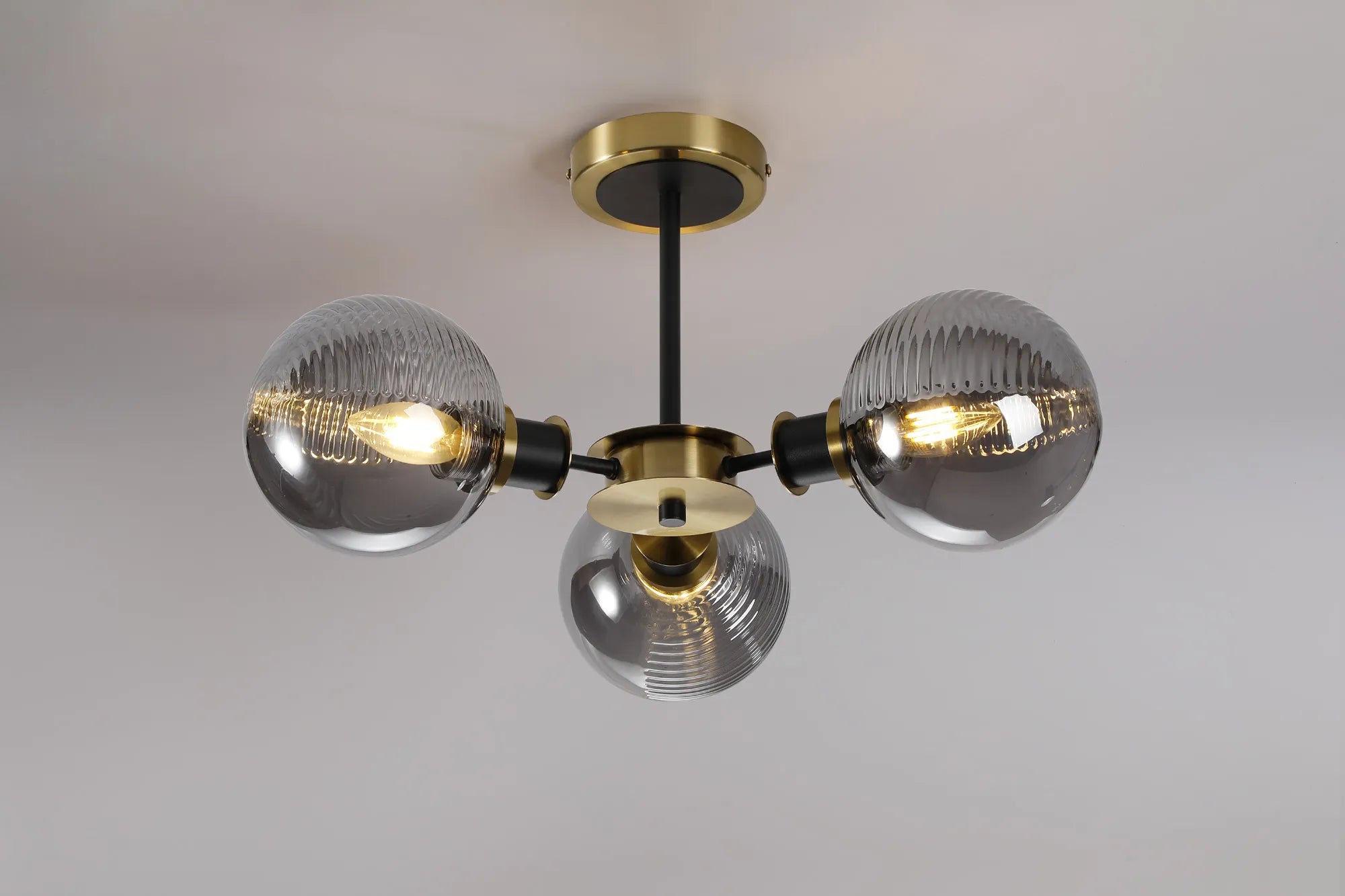 Sycamore Semi Ceiliing 3 Light with 15cm Round Double Textured Smooth & Ribbed Glass Shade - Brass, Smoke Plated & Satin Black