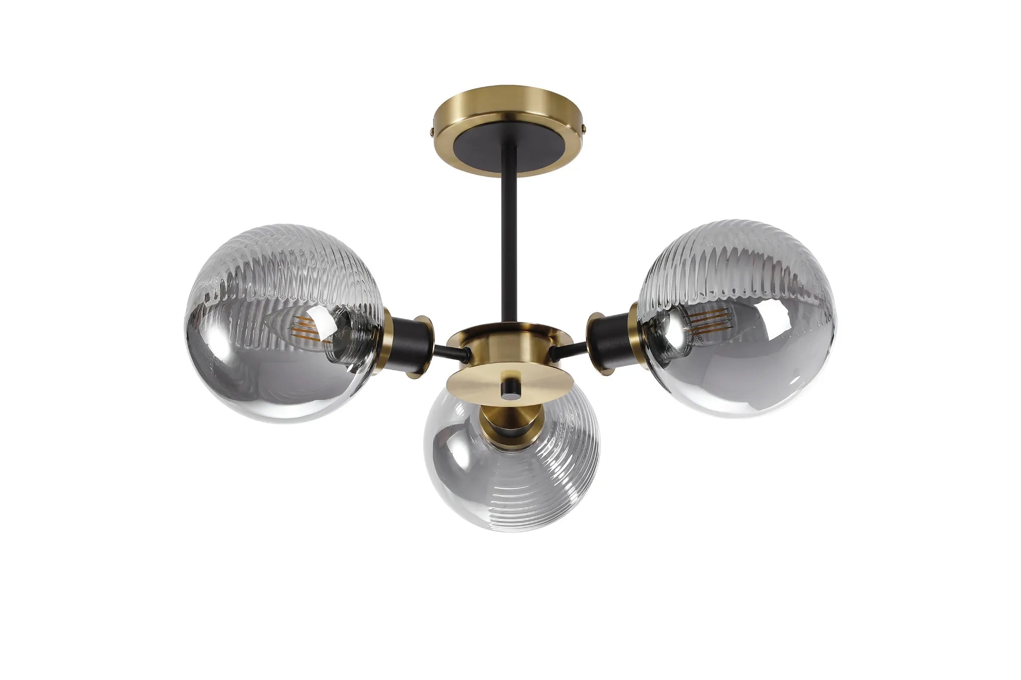 Sycamore Semi Ceiliing 3 Light with 15cm Round Double Textured Smooth & Ribbed Glass Shade - Brass, Smoke Plated & Satin Black