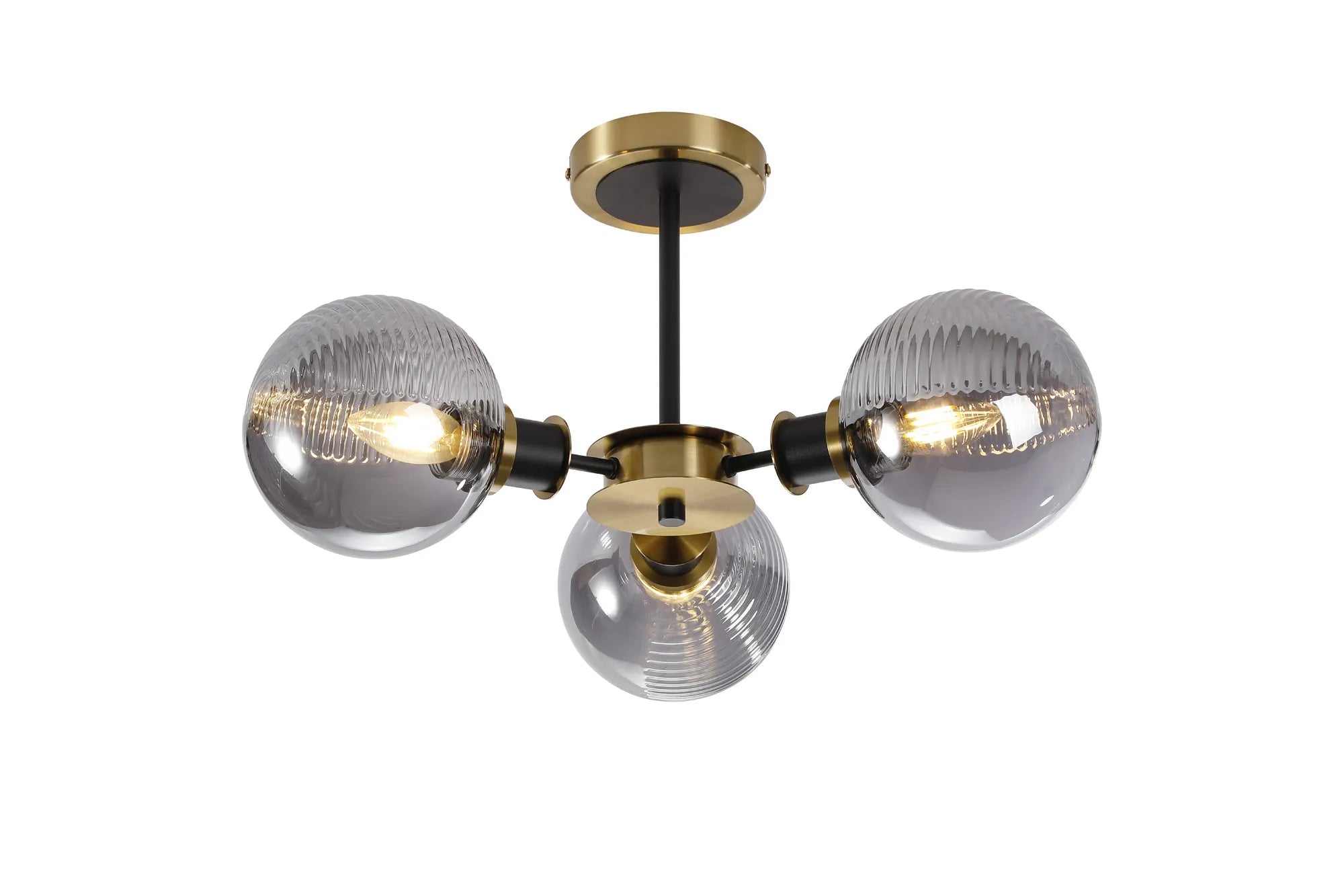 Sycamore Semi Ceiliing 3 Light with 15cm Round Double Textured Smooth & Ribbed Glass Shade - Brass, Smoke Plated & Satin Black